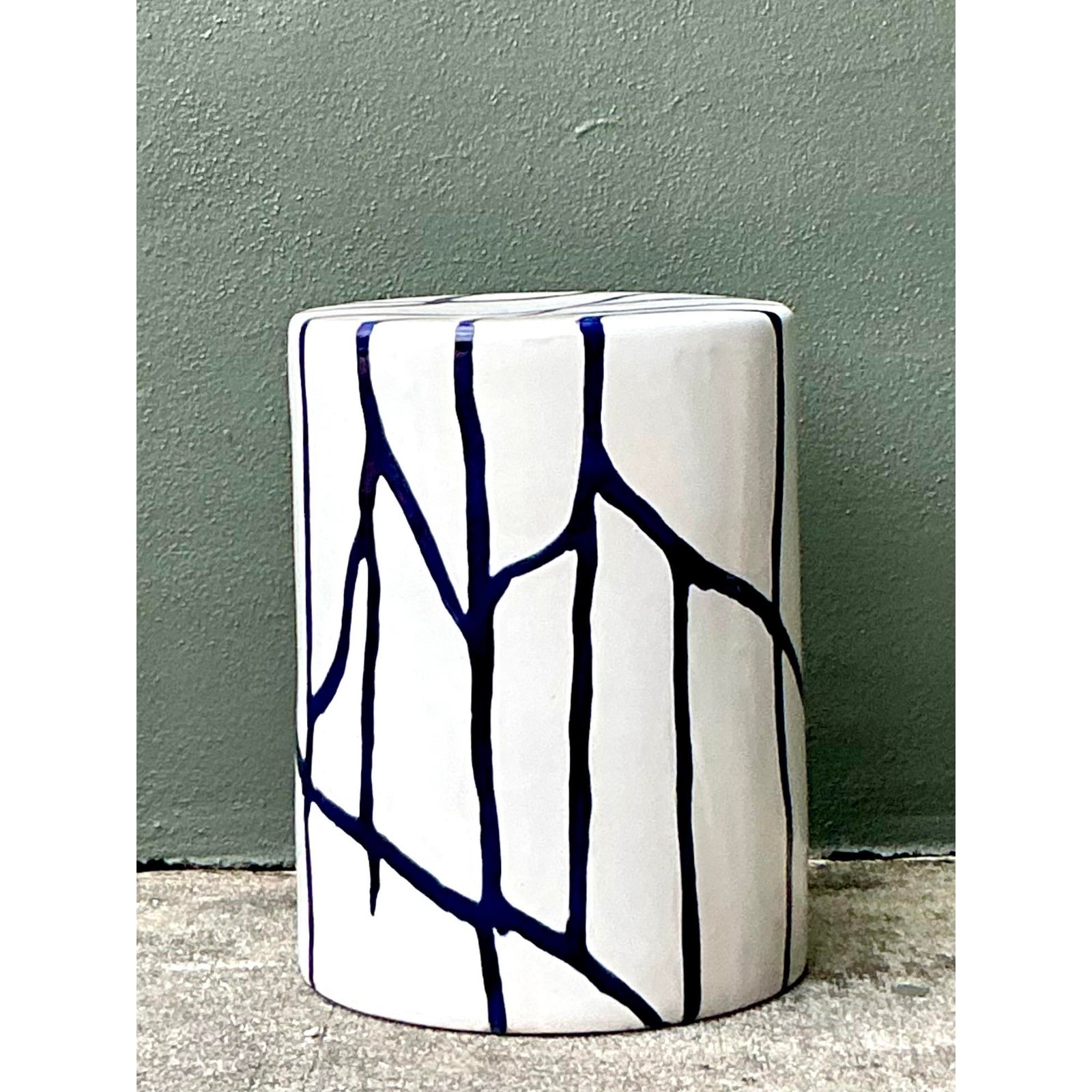 Vintage Boho Glazed Ceramic Low Stool - Side view