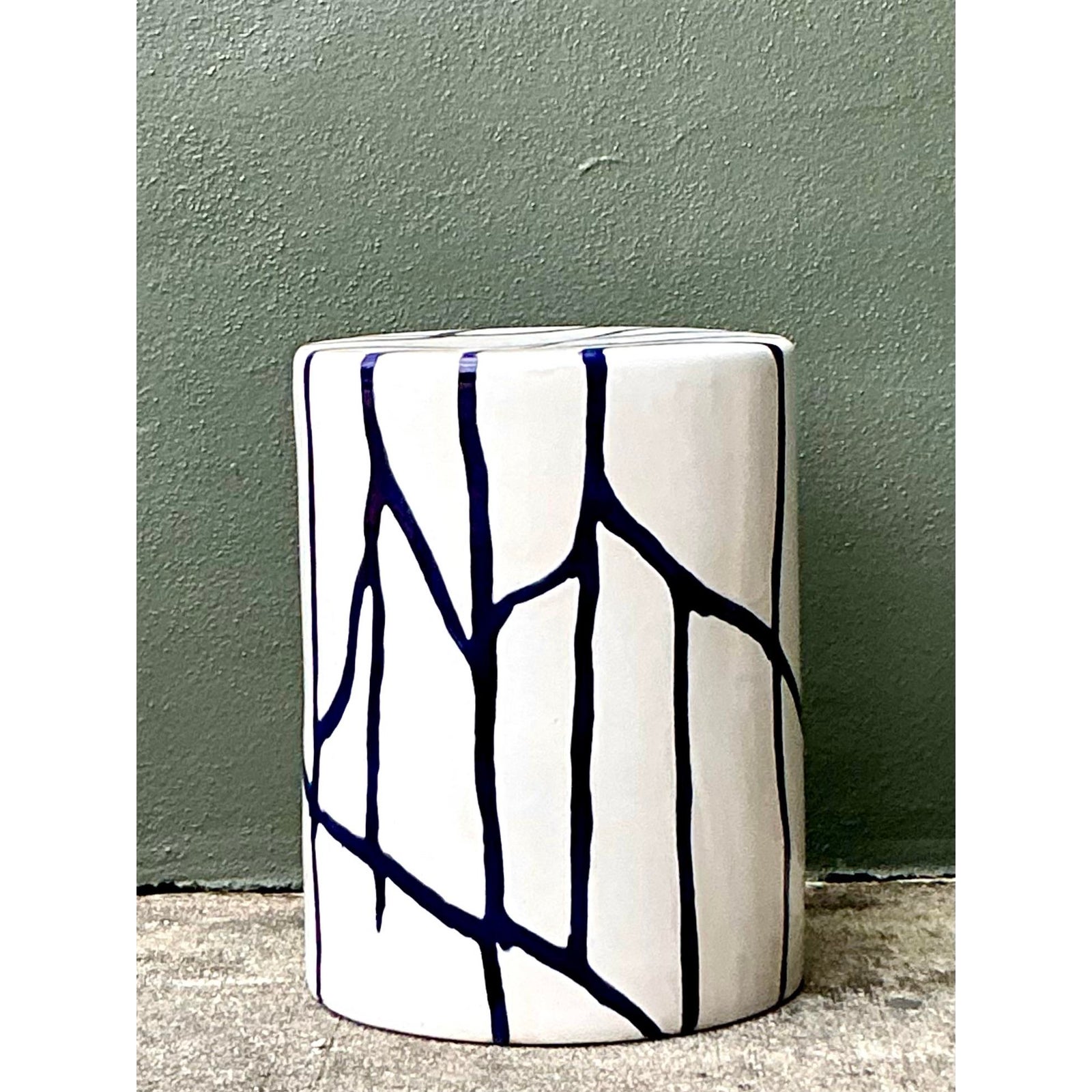 Vintage Boho Glazed Ceramic Low Stool - Back view