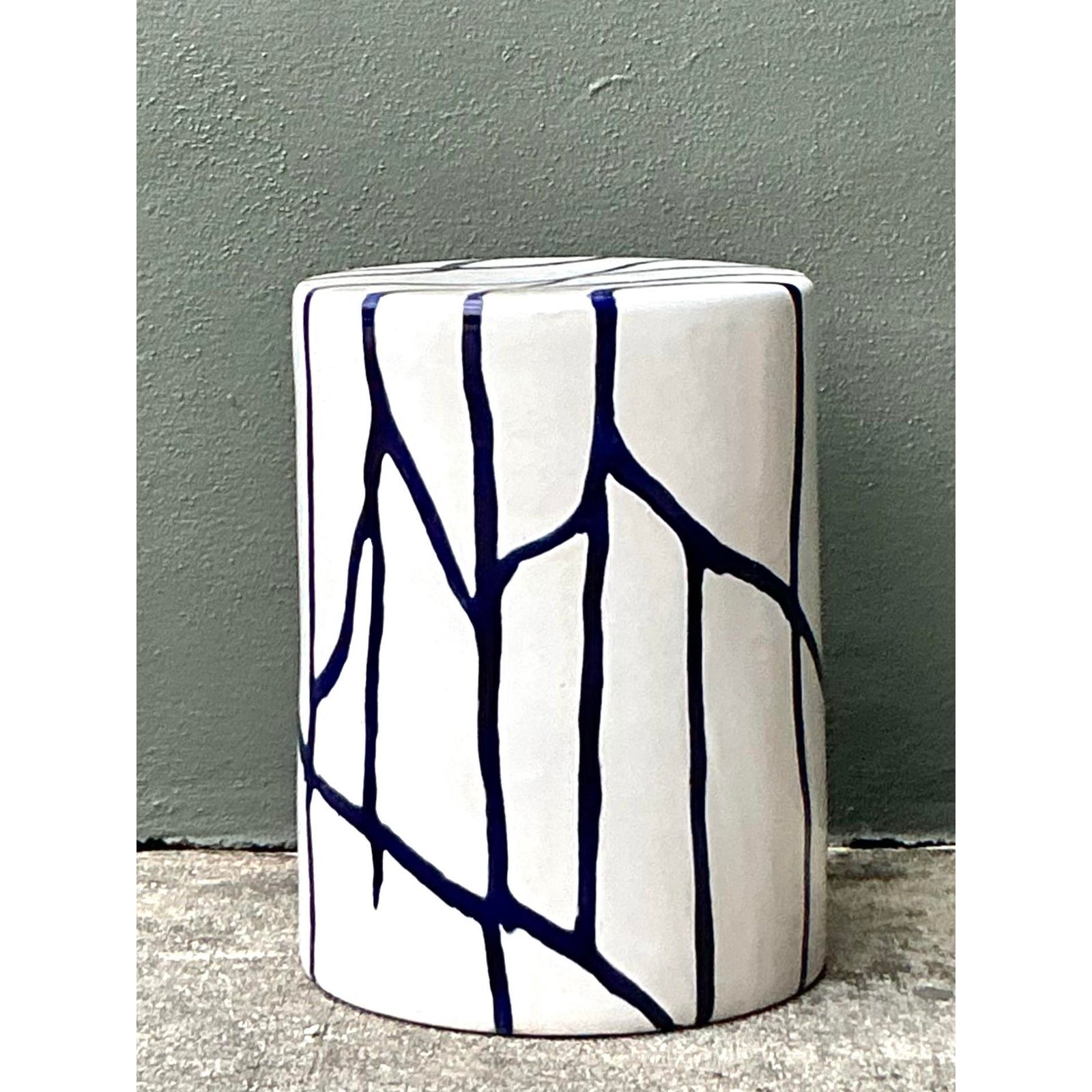 Vintage Boho Glazed Ceramic Low Stool - Detail view