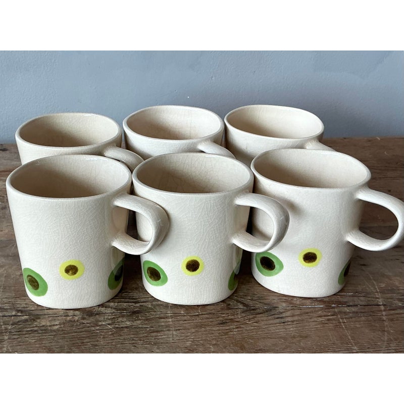 Vintage Boho Glazed Ceramic Polka Dot Coffee Cups. - Set of 6 - Side view