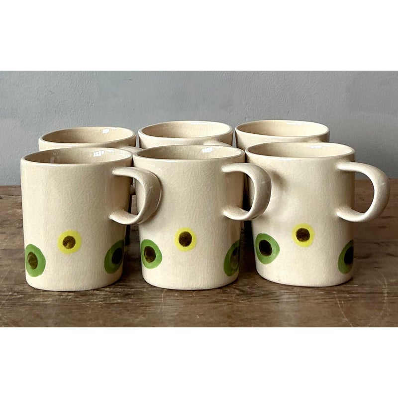 Vintage Boho Glazed Ceramic Polka Dot Coffee Cups. - Set of 6 - Detail view