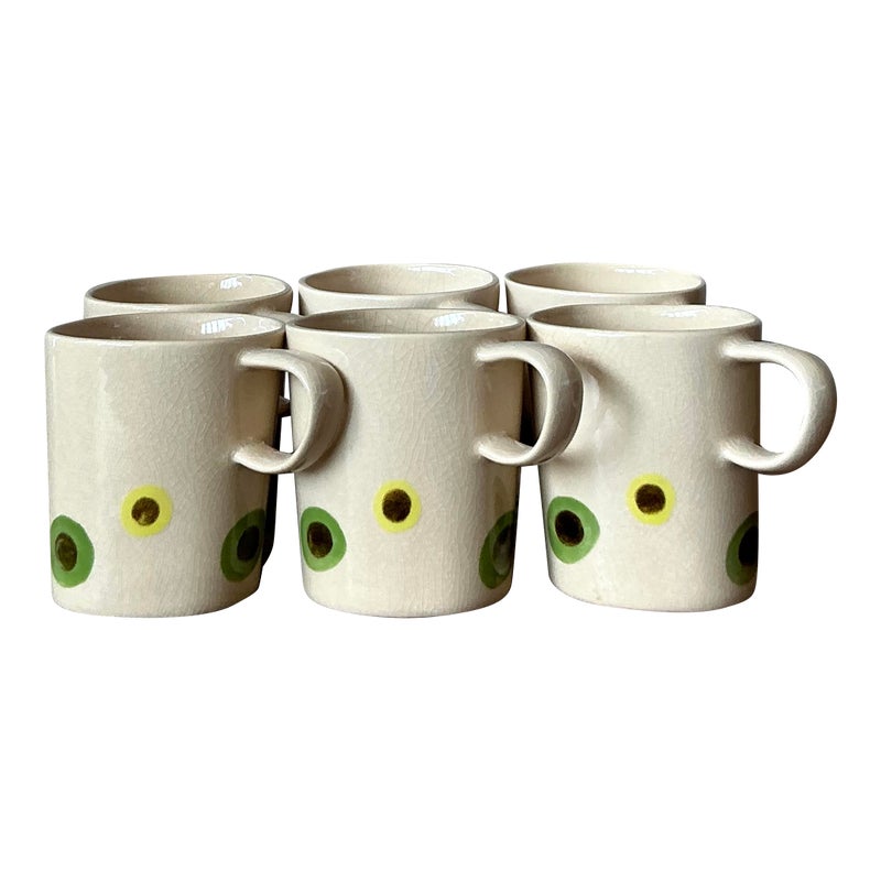 Vintage Boho Glazed Ceramic Polka Dot Coffee Cups. - Set of 6