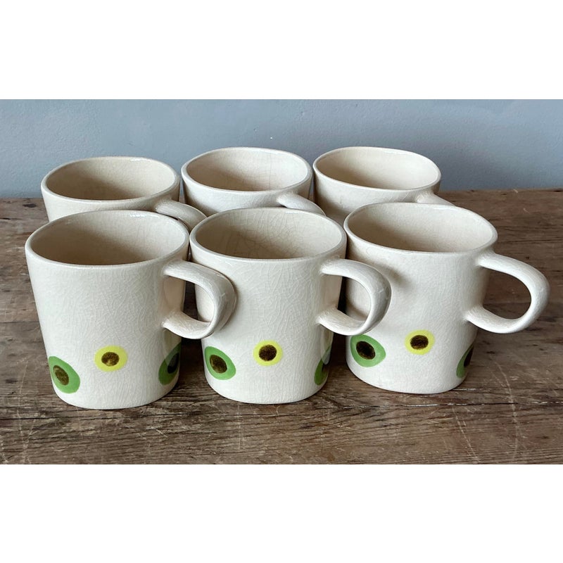 Vintage Boho Glazed Ceramic Polka Dot Coffee Cups. - Set of 6 - Back view