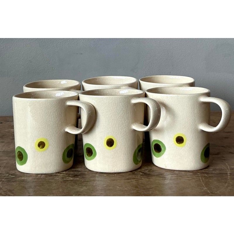 Vintage Boho Glazed Ceramic Polka Dot Coffee Cups. - Set of 6 - Top view