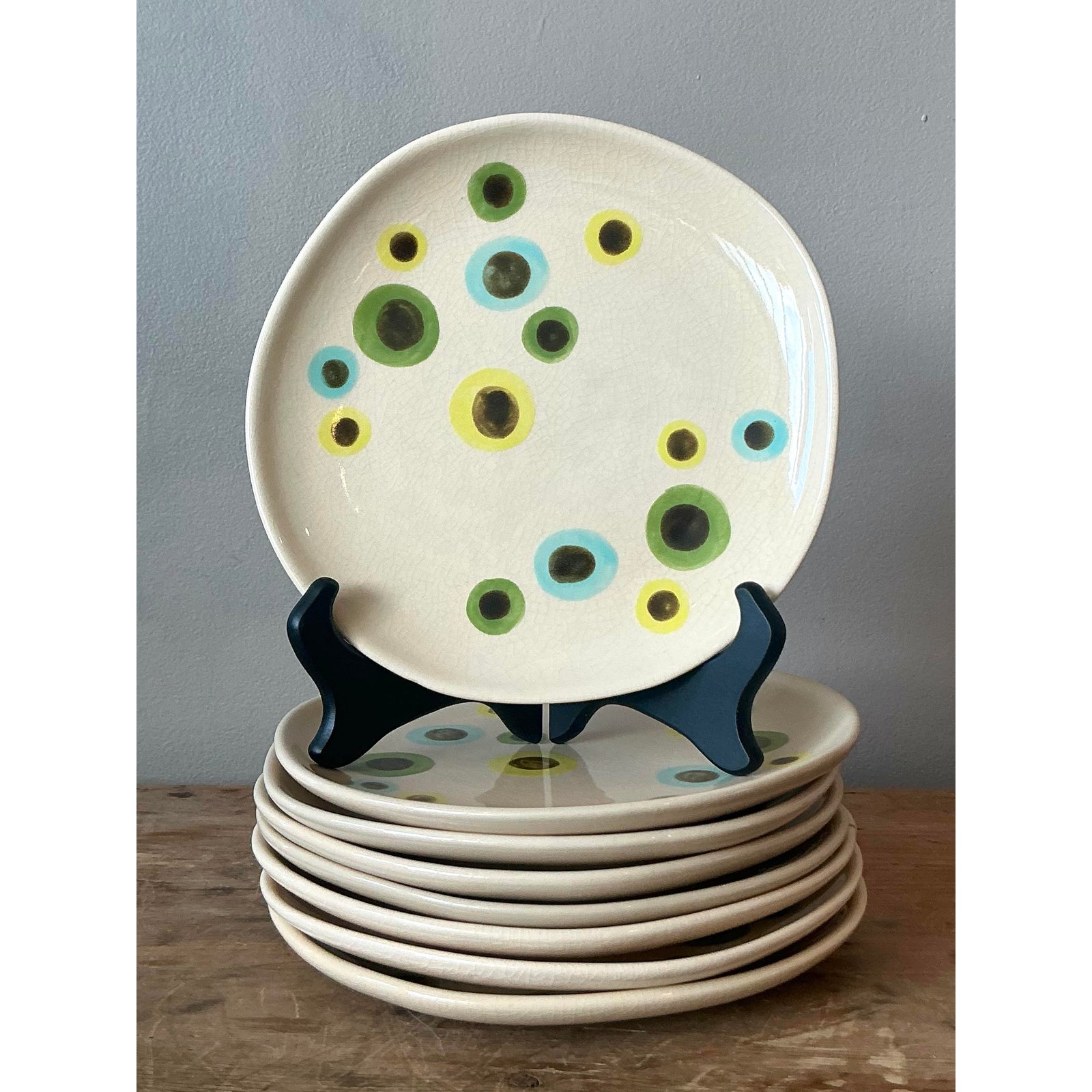 Vintage Boho Glazed Ceramic Polka Dot Plates - Set of 8 - Detail view