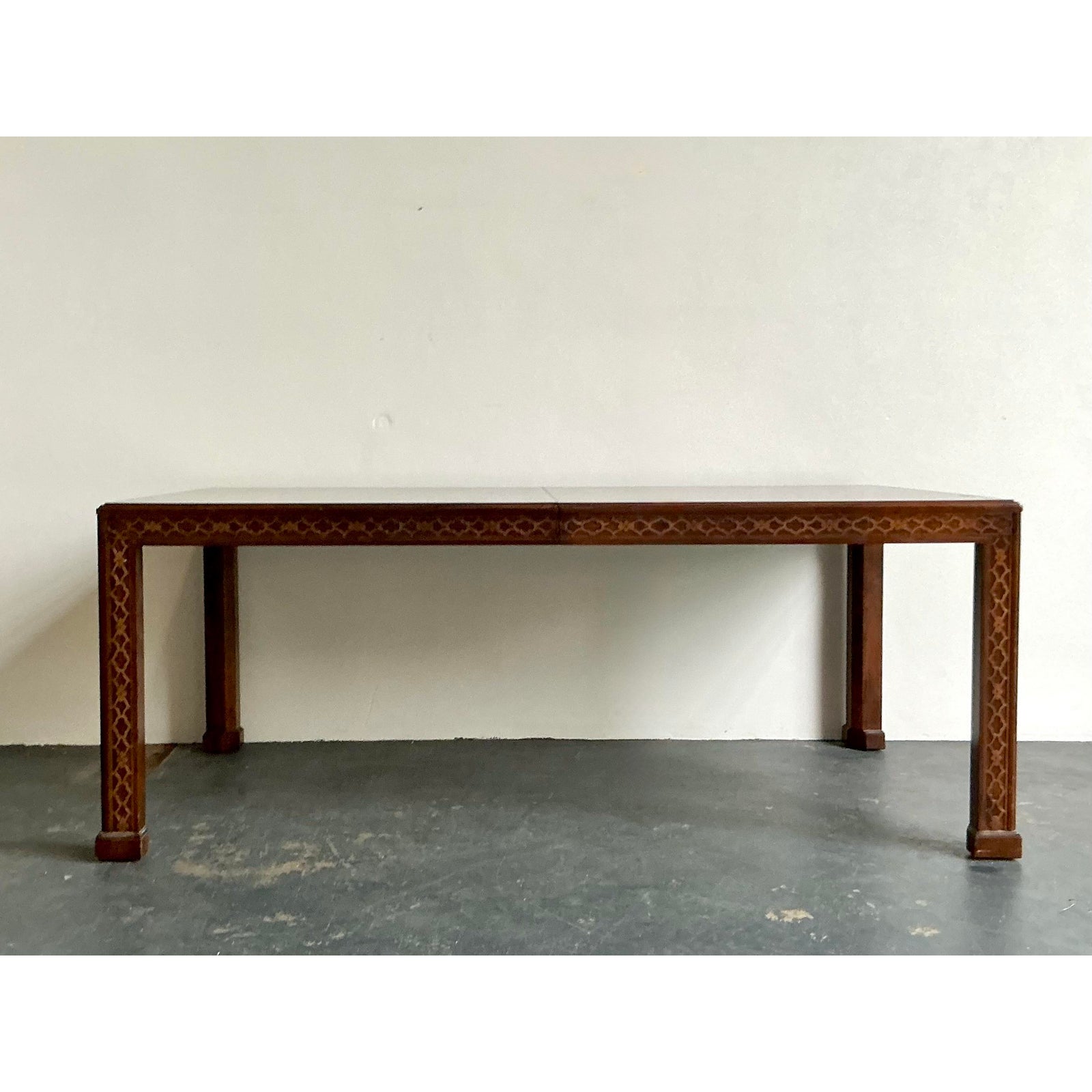 Vintage Boho Henredon Carved Fretwork Extendable Dining Table - Top view