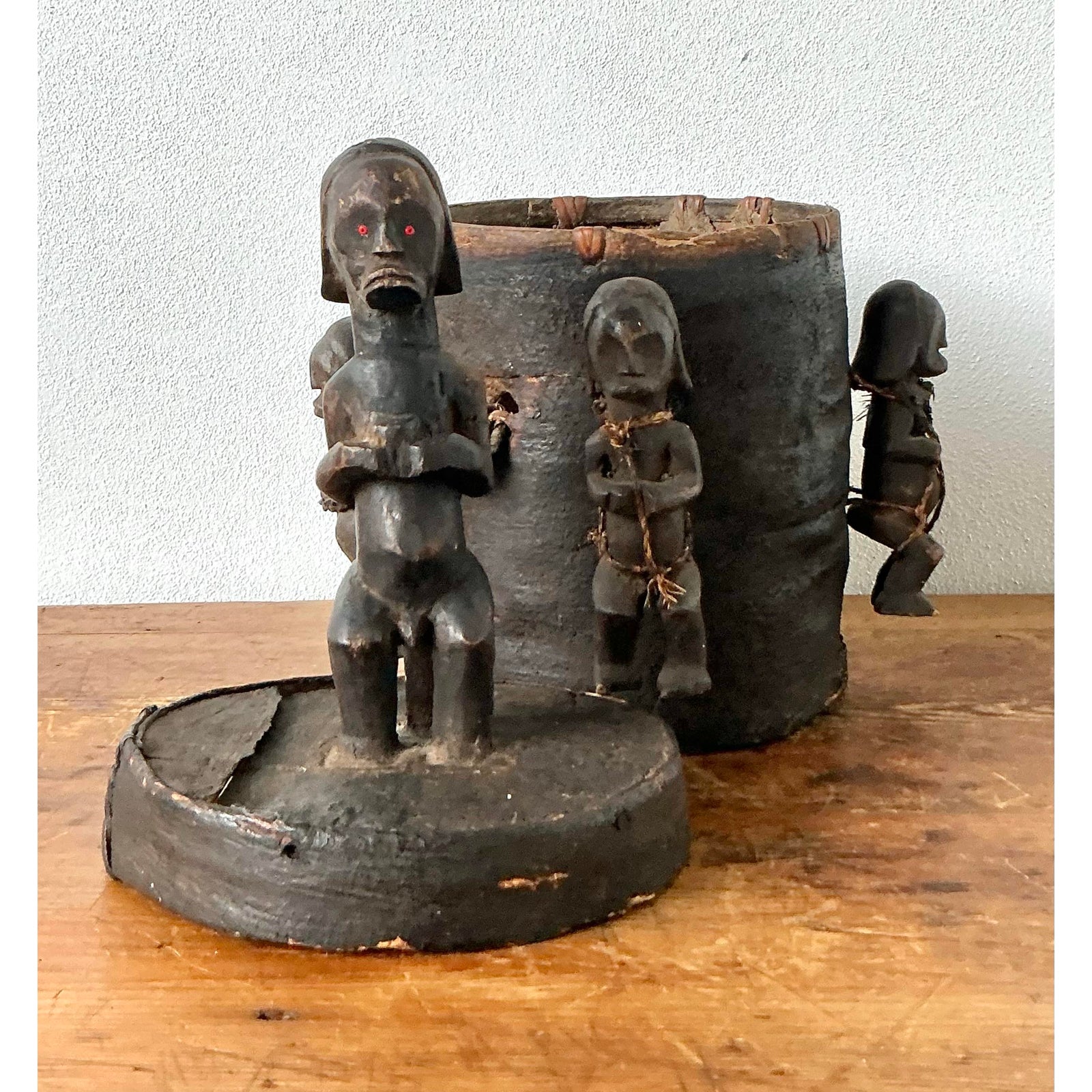 Vintage Boho Carved Figure Tribal Lidded Pot - Detail view
