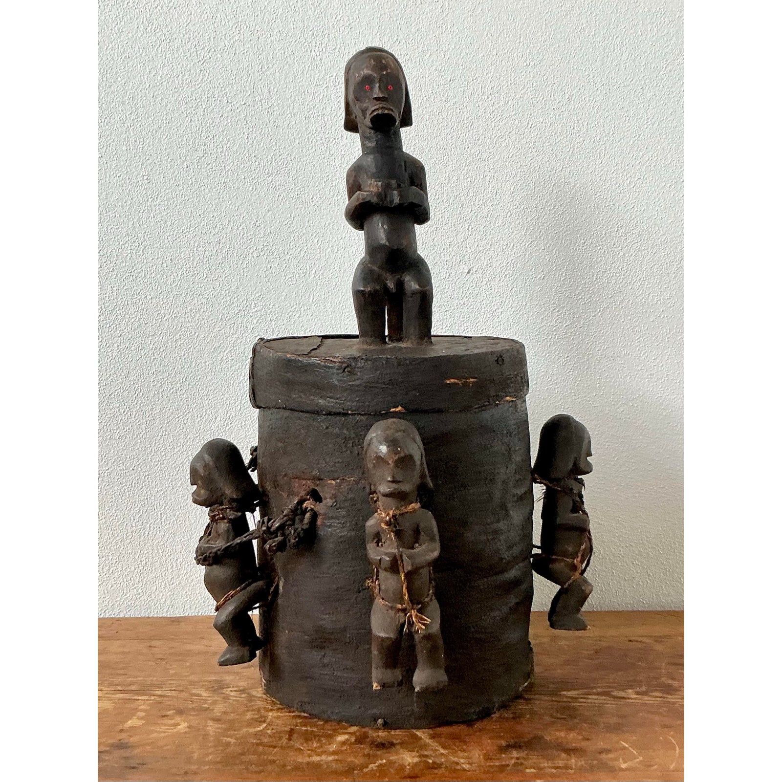 Vintage Boho Carved Figure Tribal Lidded Pot - Side view