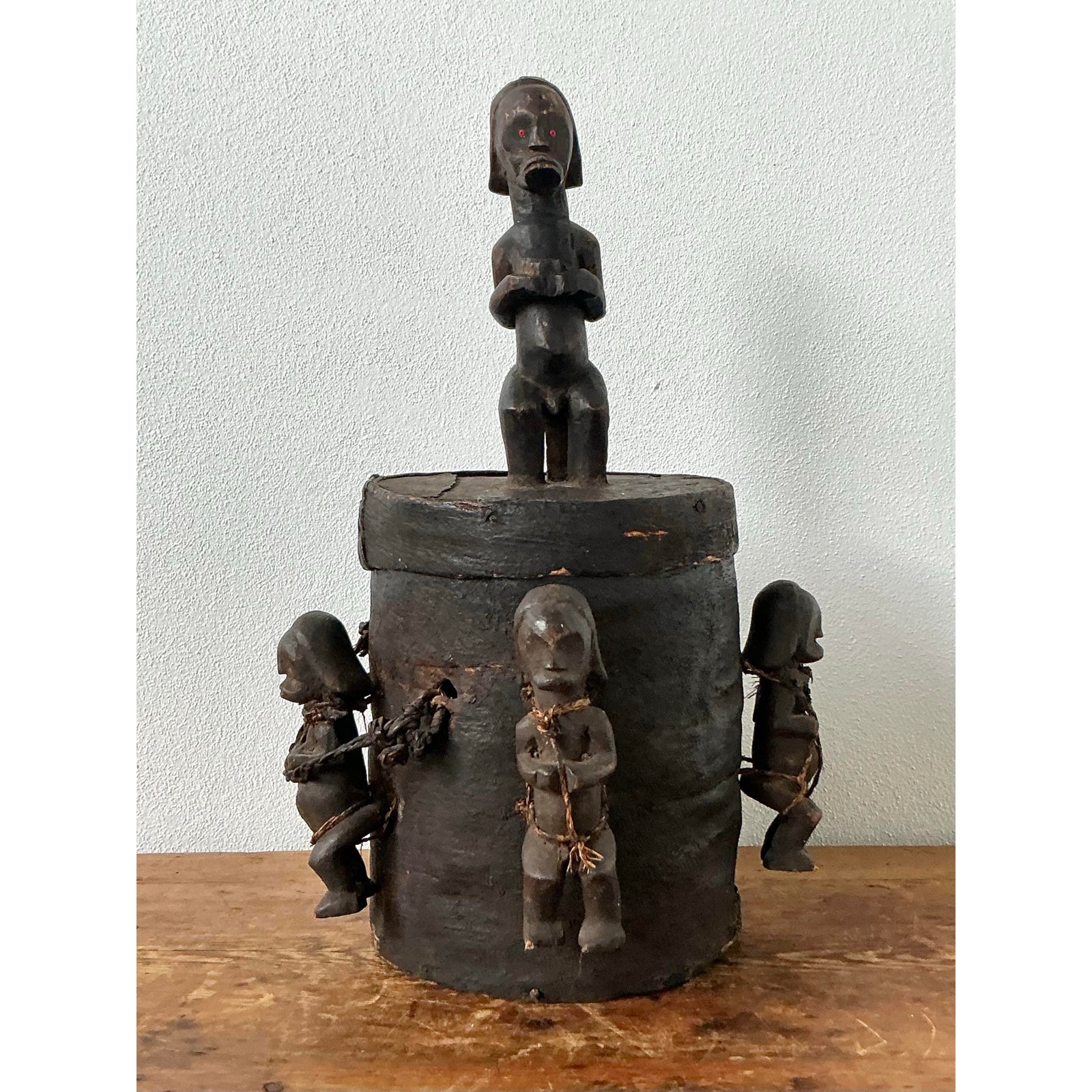 Vintage Boho Carved Figure Tribal Lidded Pot - Back view