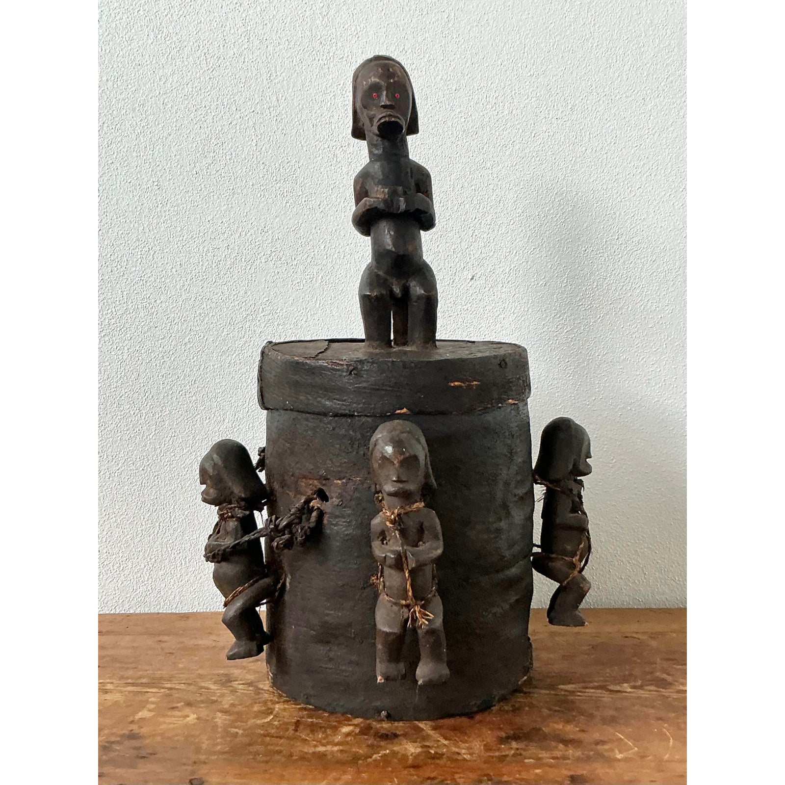 Vintage Boho Carved Figure Tribal Lidded Pot - Top view