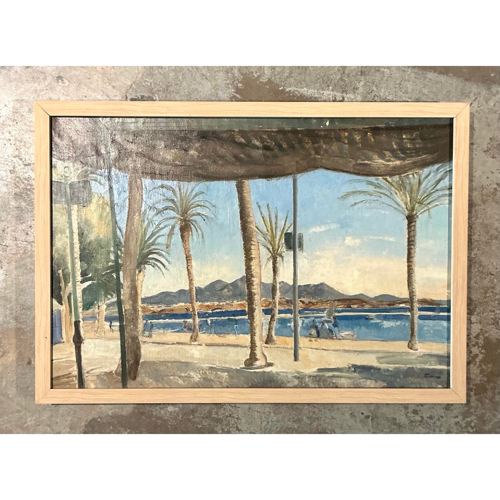 Vintage Boho Original Waterfront Oil on Canvas - Detail view