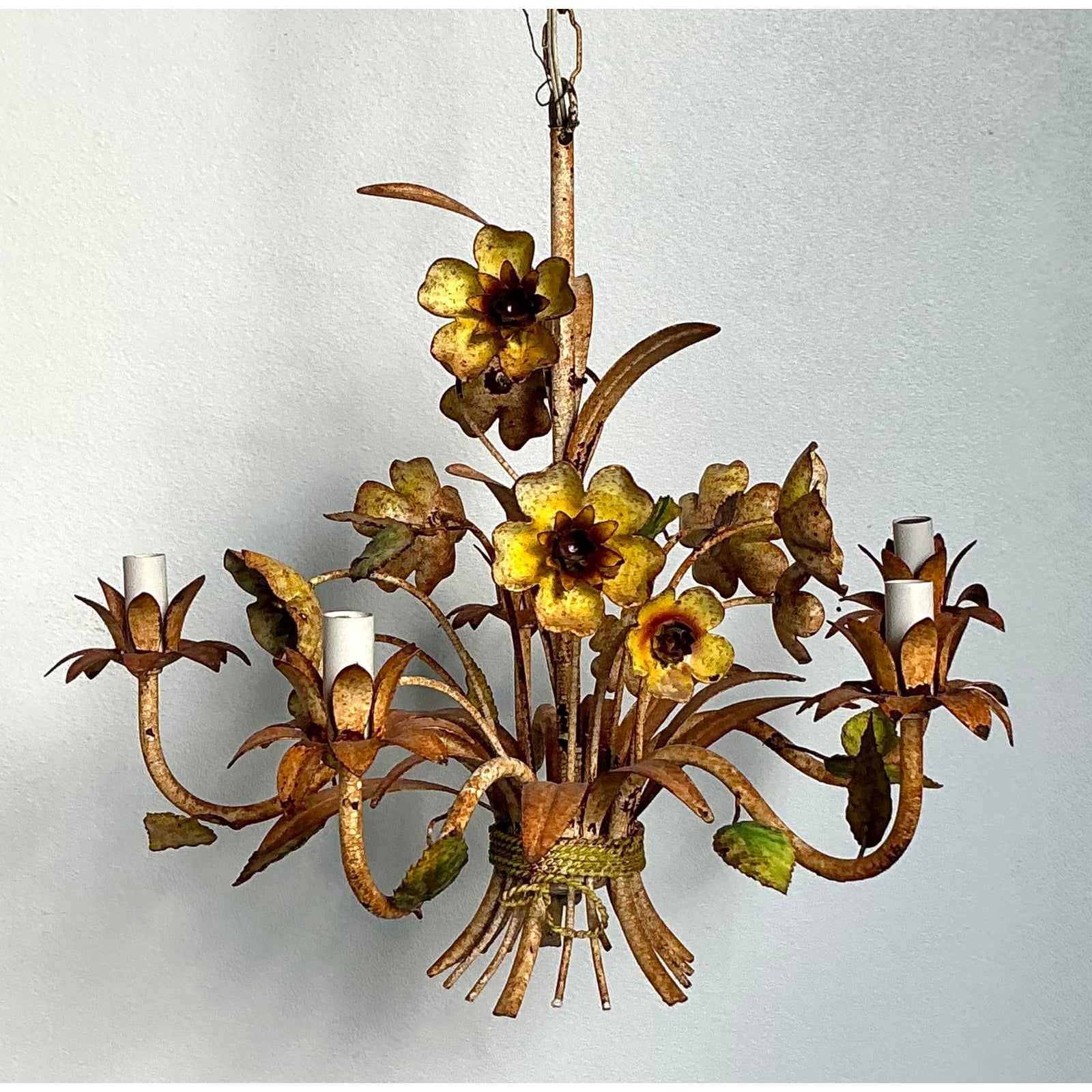Vintage Boho Patinated Tole Chandelier - Detail view