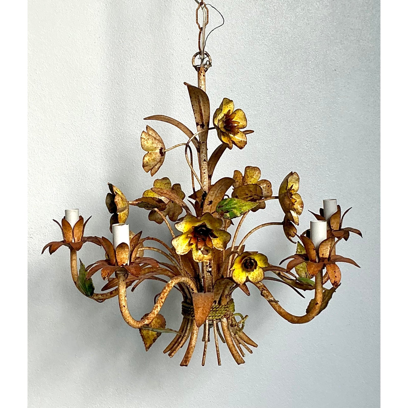 Vintage Boho Patinated Tole Chandelier - Side view