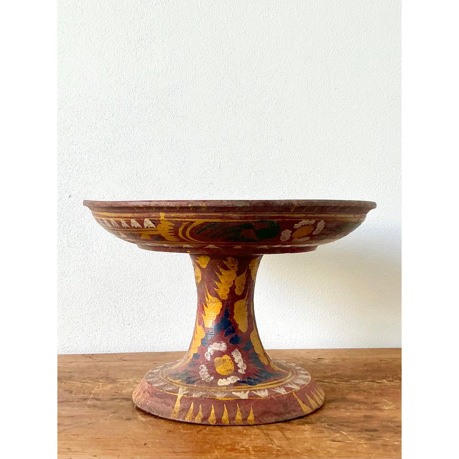 Vintage Boho Bali Dulang Painted Wooden Offering Tray - Detail view