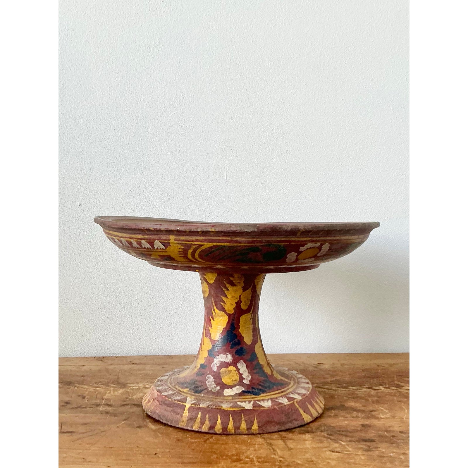 Vintage Boho Bali Dulang Painted Wooden Offering Tray - Top view