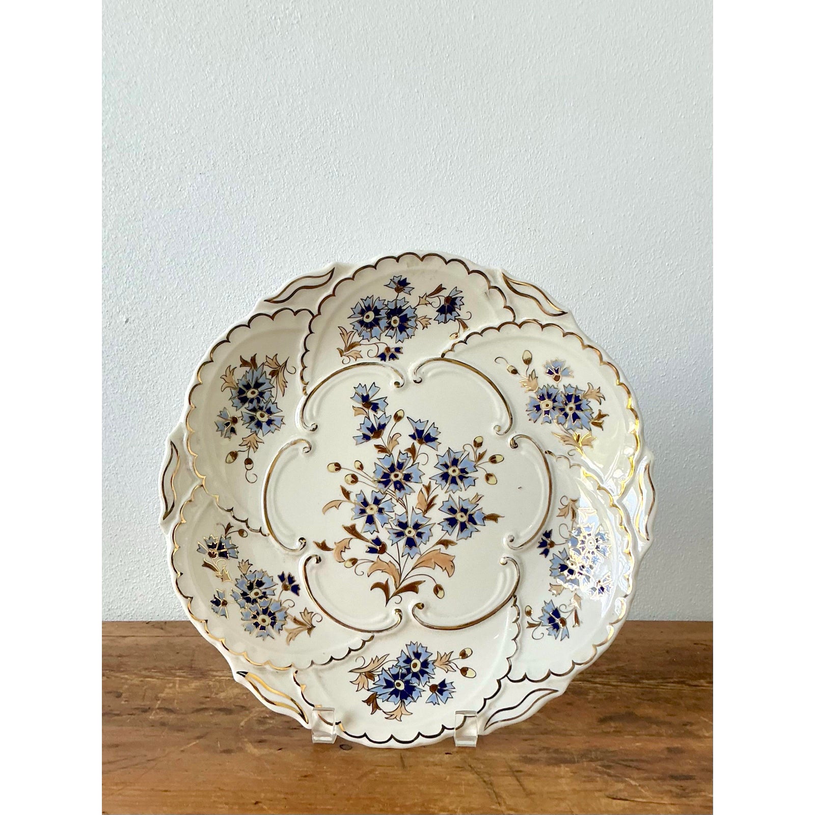 Vintage Hungarian Gilt Tipped Floral Ceramic Serving Plate - Top view