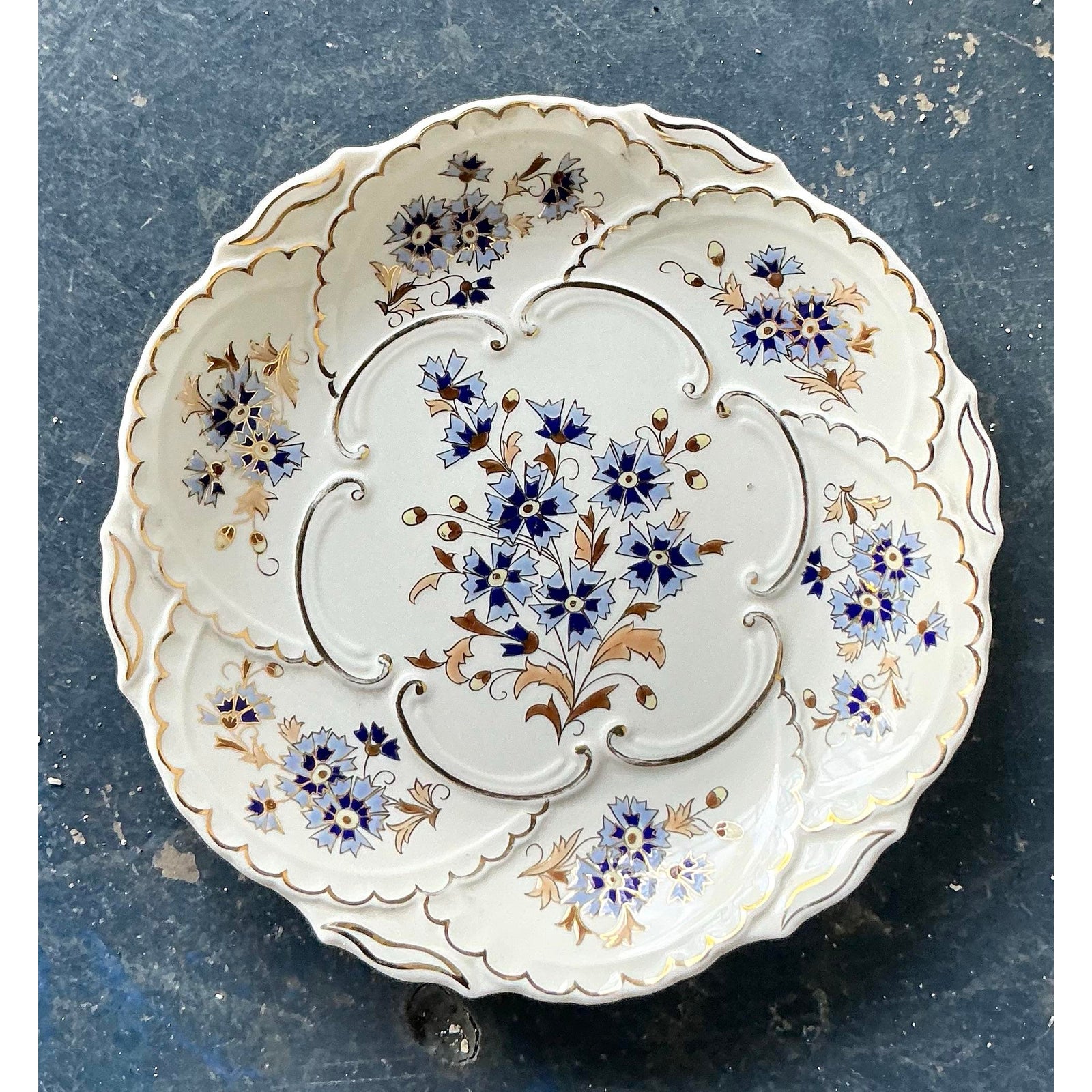 Vintage Hungarian Gilt Tipped Floral Ceramic Serving Plate - Back view