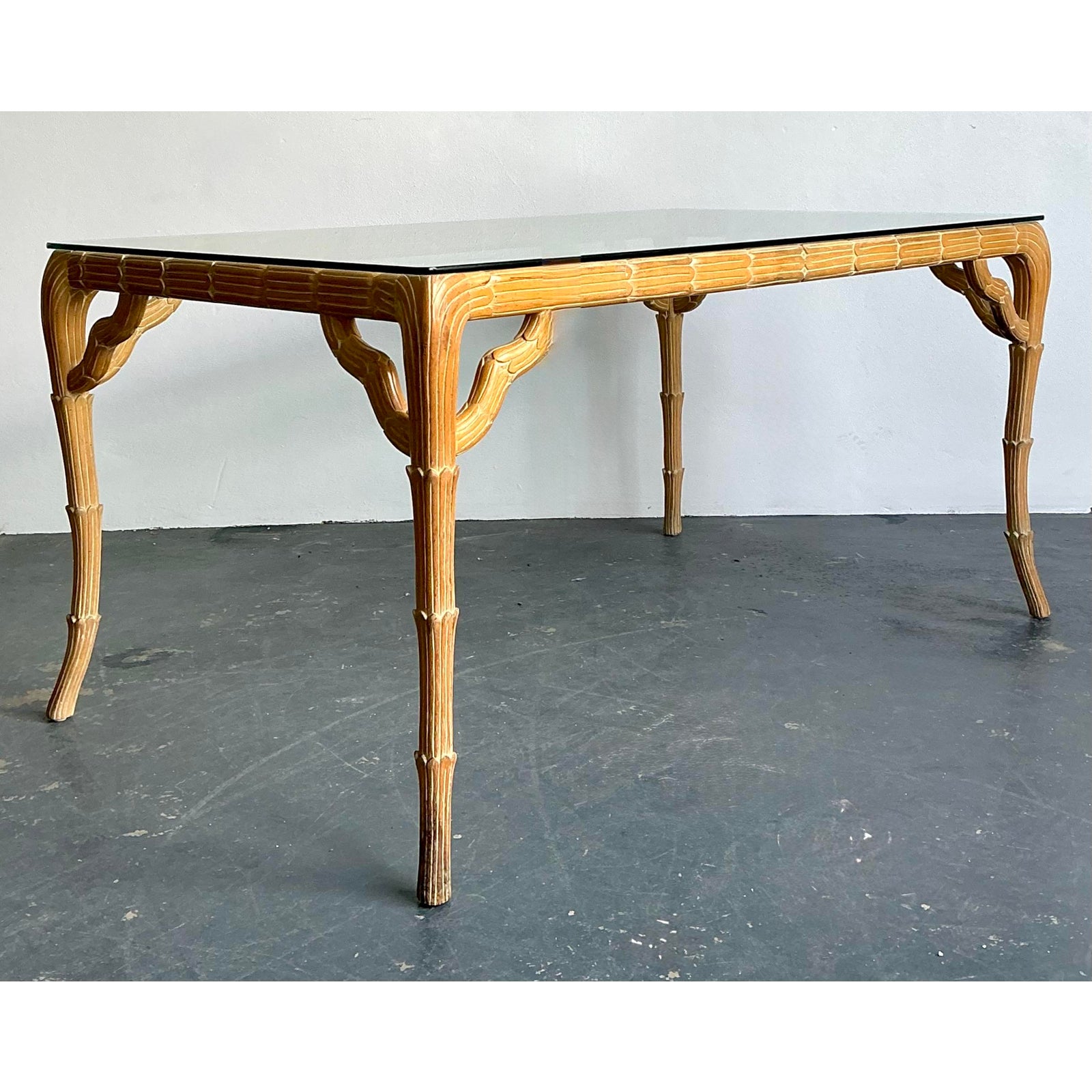 Vintage Boho Carved Laurel Leaf Dining Table - Back view