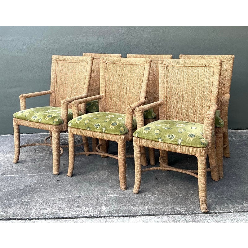 Vintage Boho Wrapped Jute Dining Chairs - Set of 6 - Back view