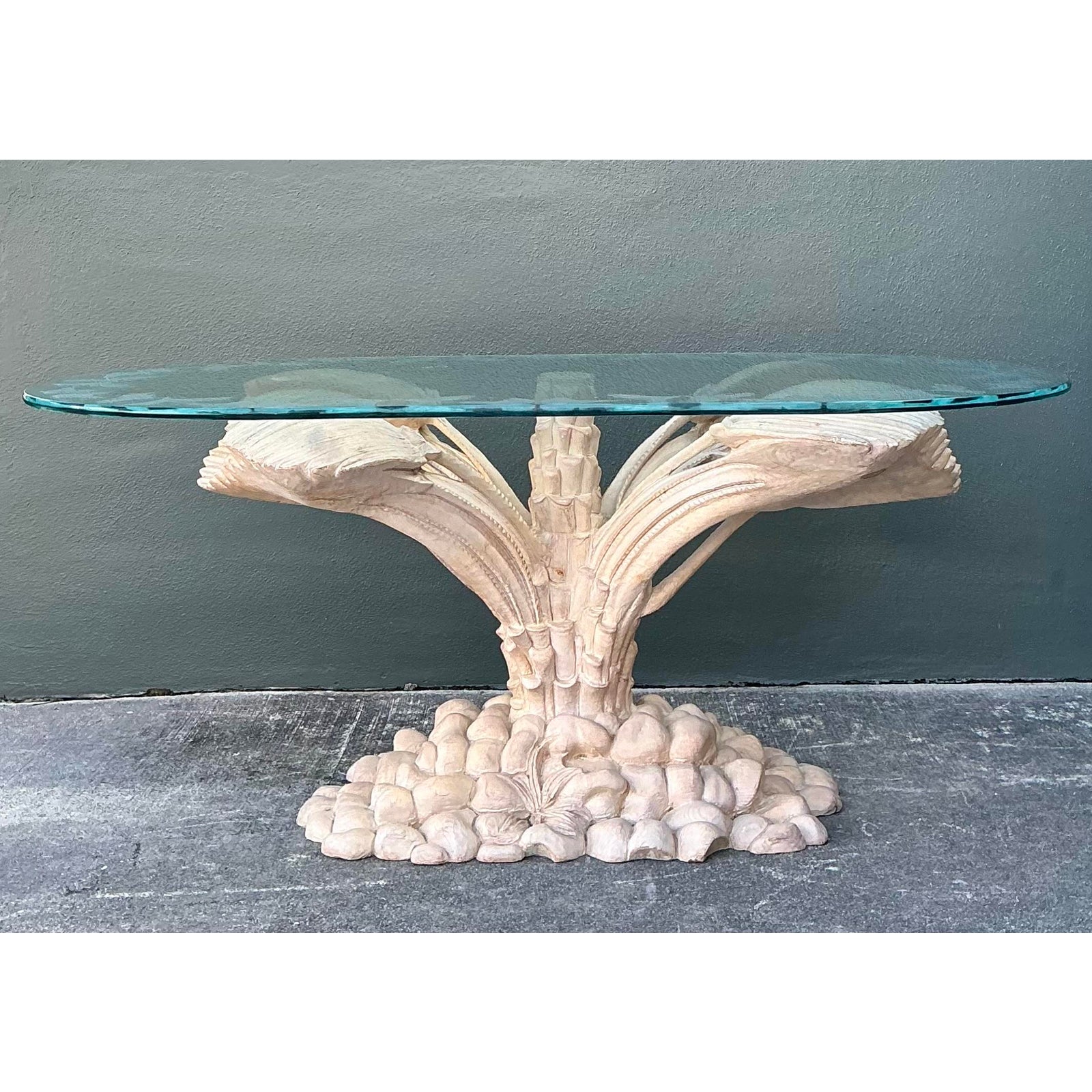 Vintage Boho Carved Palm Front Center Hall Table - Back view