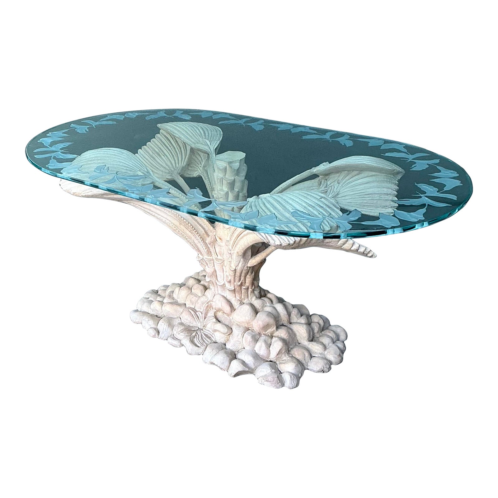 Vintage Boho Carved Palm Front Center Hall Table