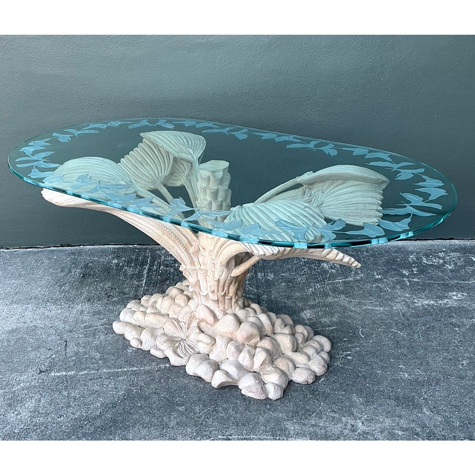 Vintage Boho Carved Palm Front Center Hall Table - Detail view