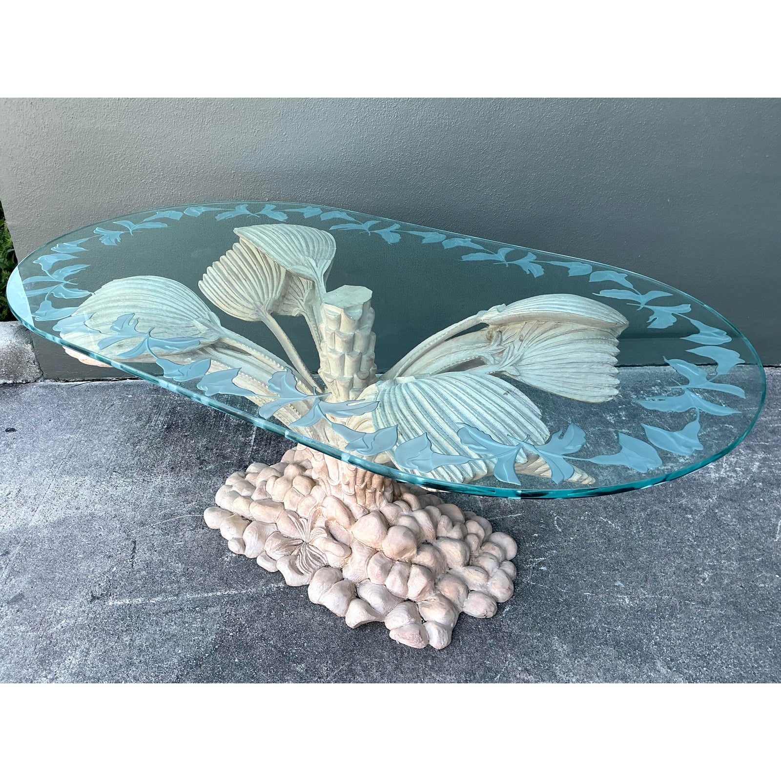 Vintage Boho Carved Palm Front Center Hall Table - Side view