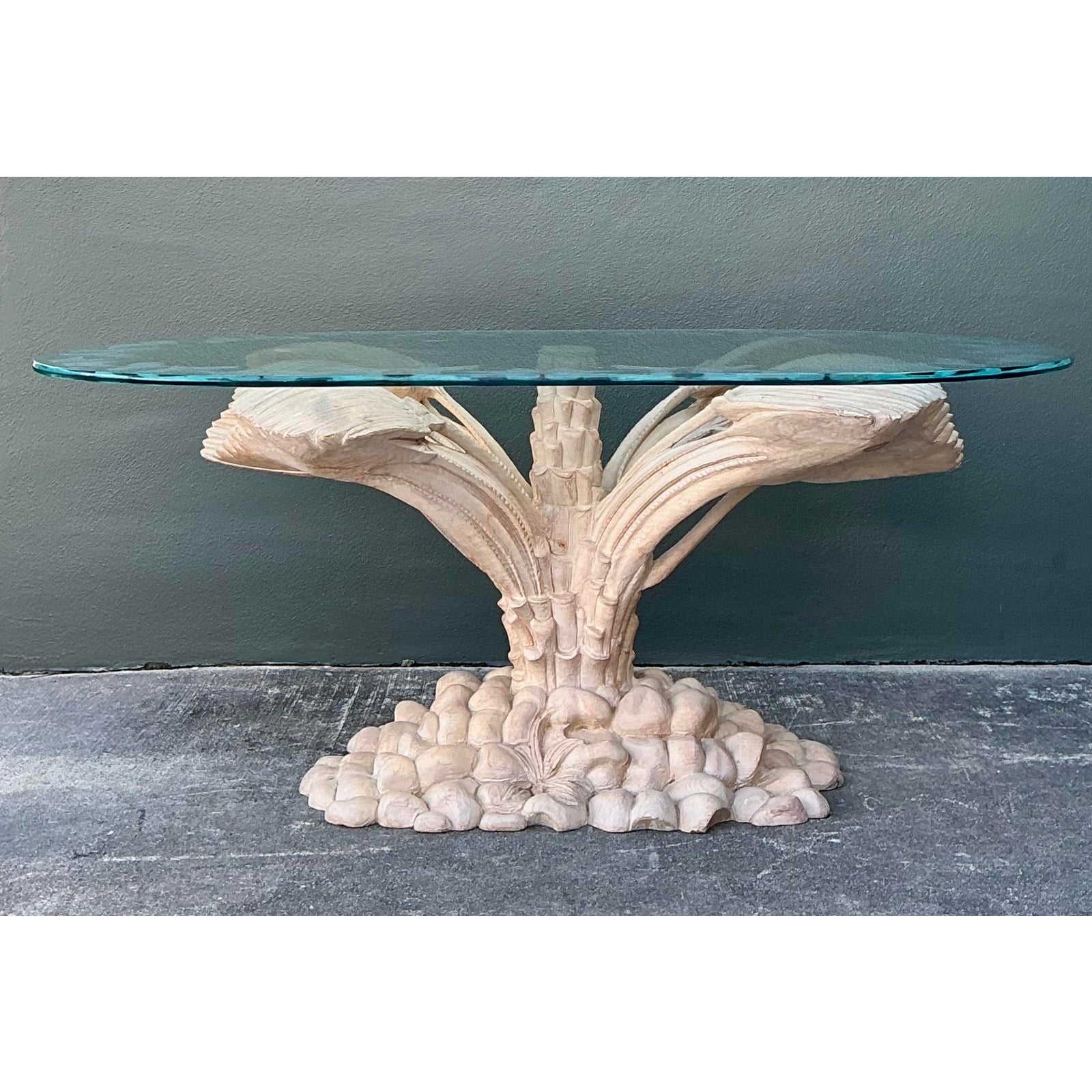 Vintage Boho Carved Palm Front Center Hall Table - Top view