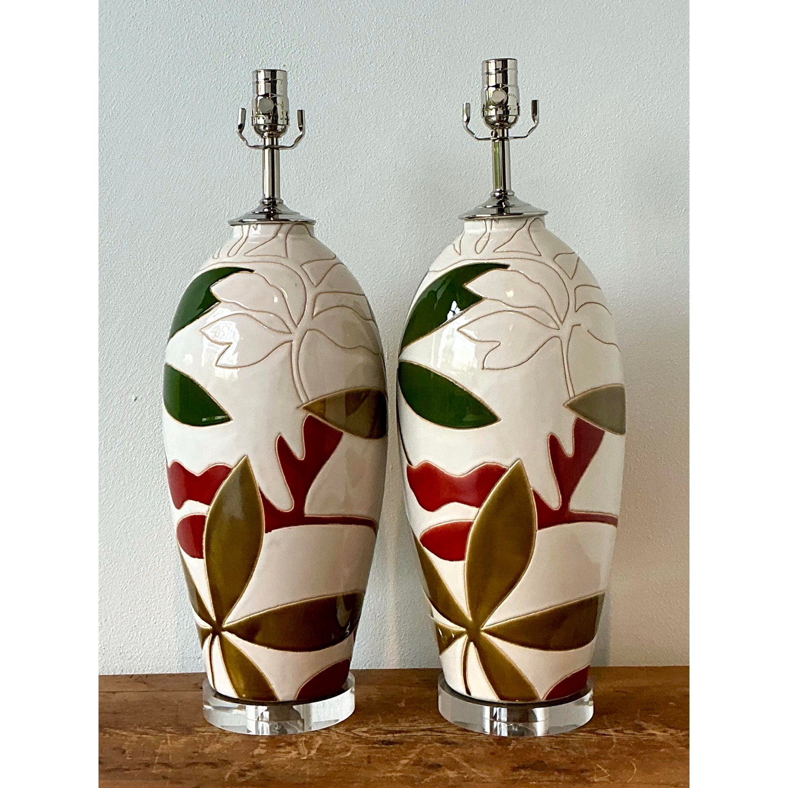 Vintage Boho Etched Glazed Ceramic Lamps - A Pair - Side view
