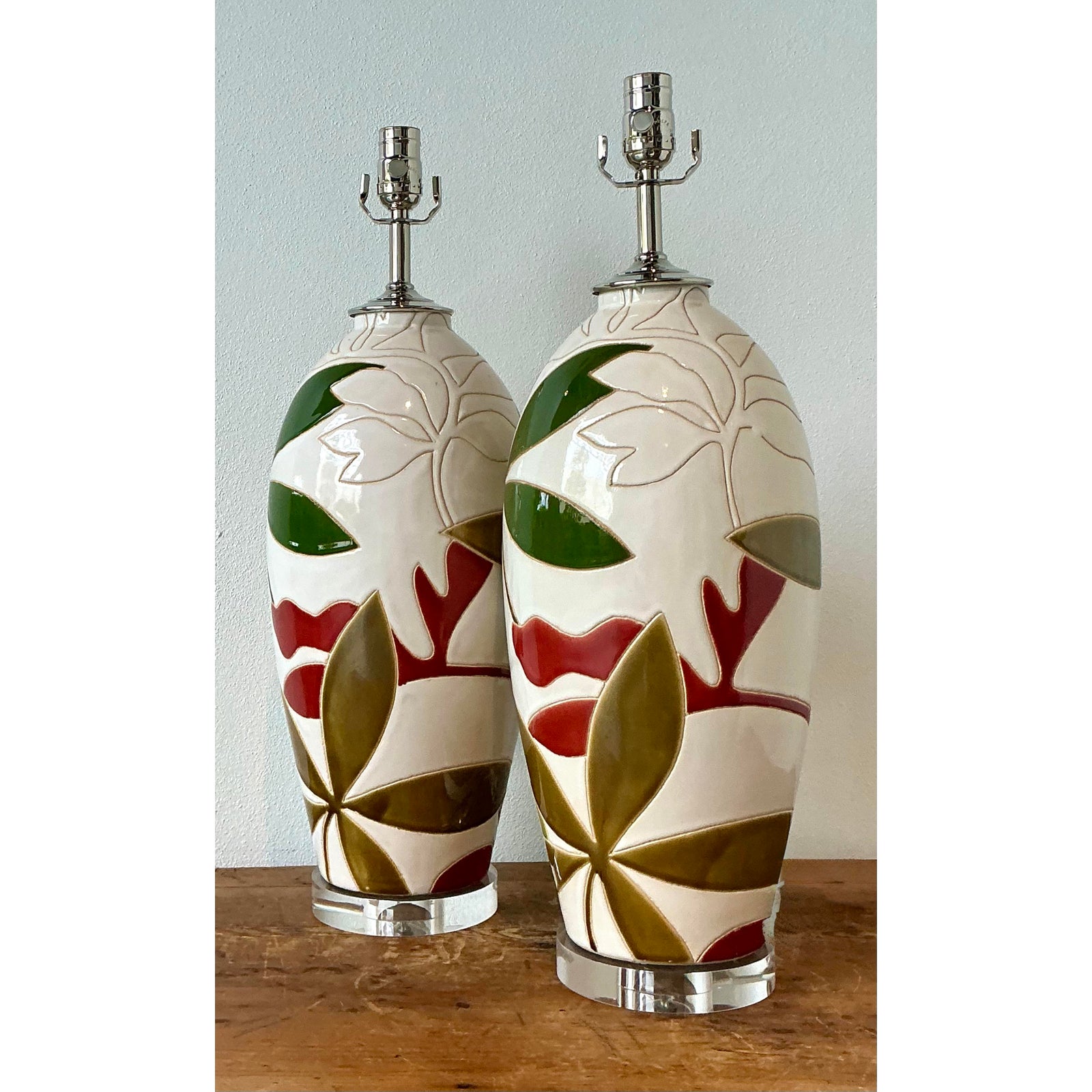 Vintage Boho Etched Glazed Ceramic Lamps - A Pair - Back view