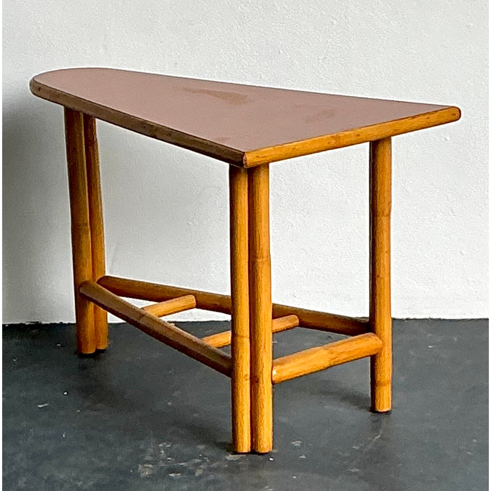 Vintage 1950s Pie Slice Rattan Side Table - Back view