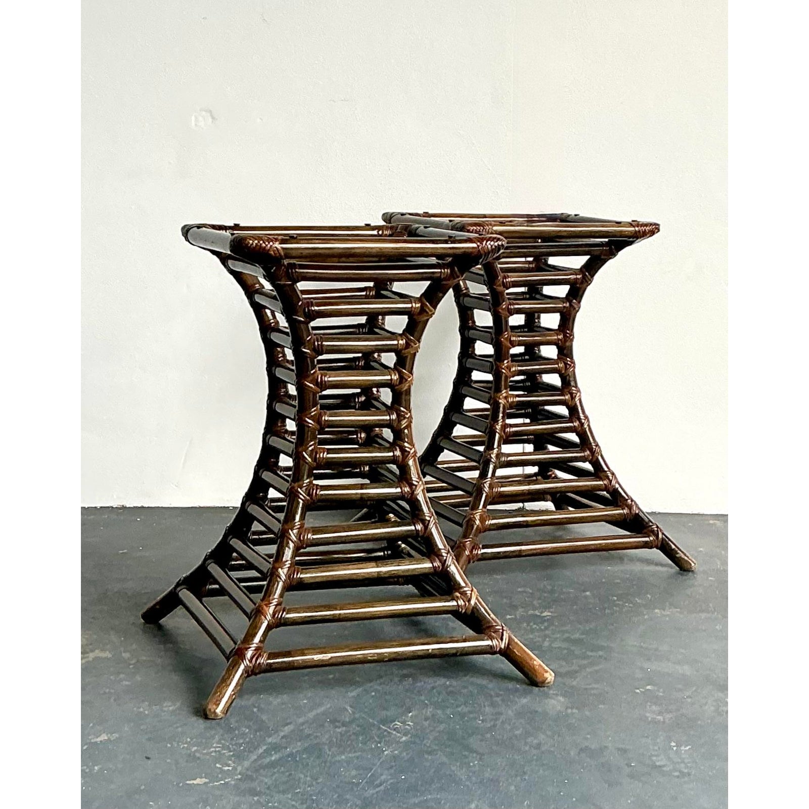 Vintage Boho Willow and Reed Stacked Rattan Table Pedestals - A Pair - Detail view