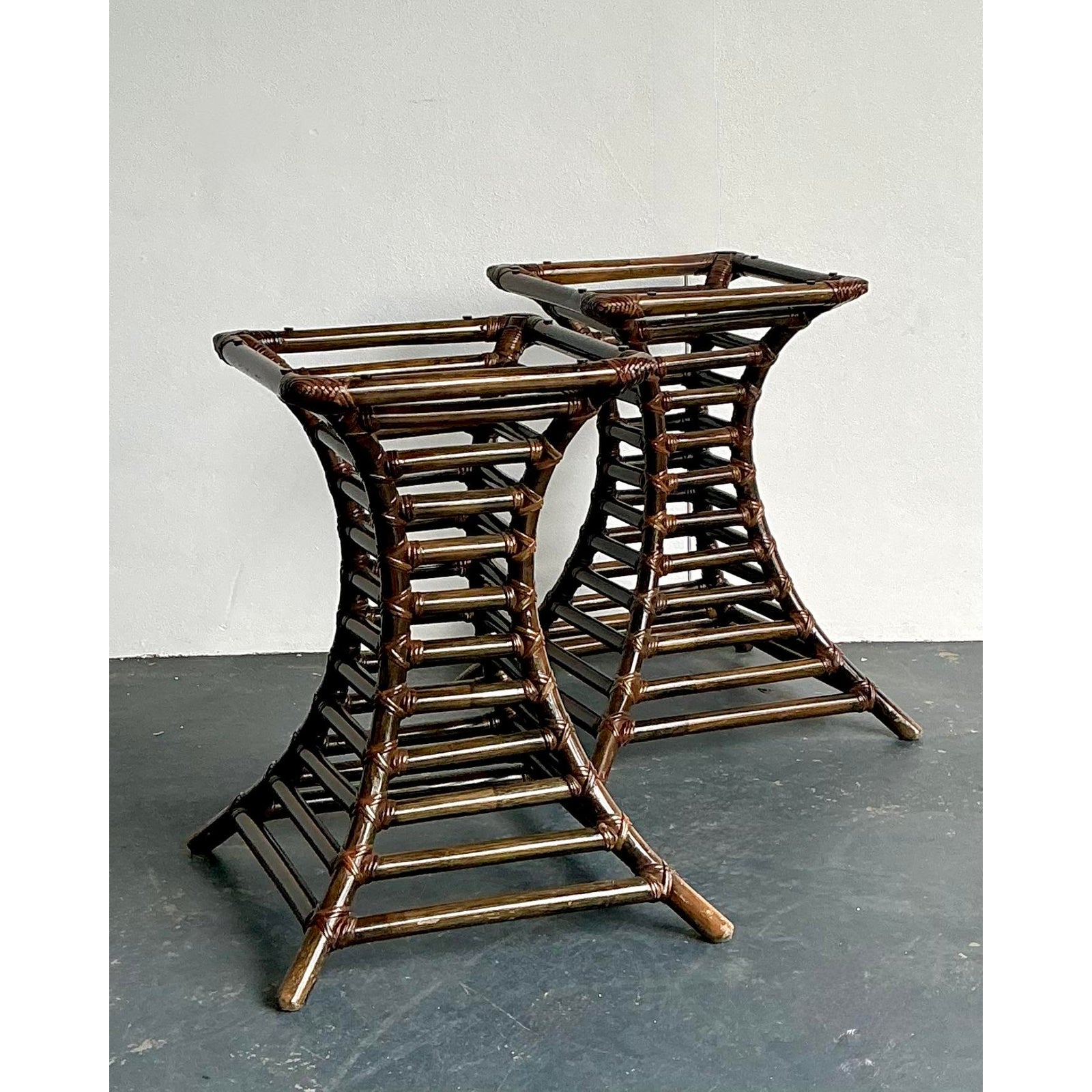 Vintage Boho Willow and Reed Stacked Rattan Table Pedestals - A Pair - Side view