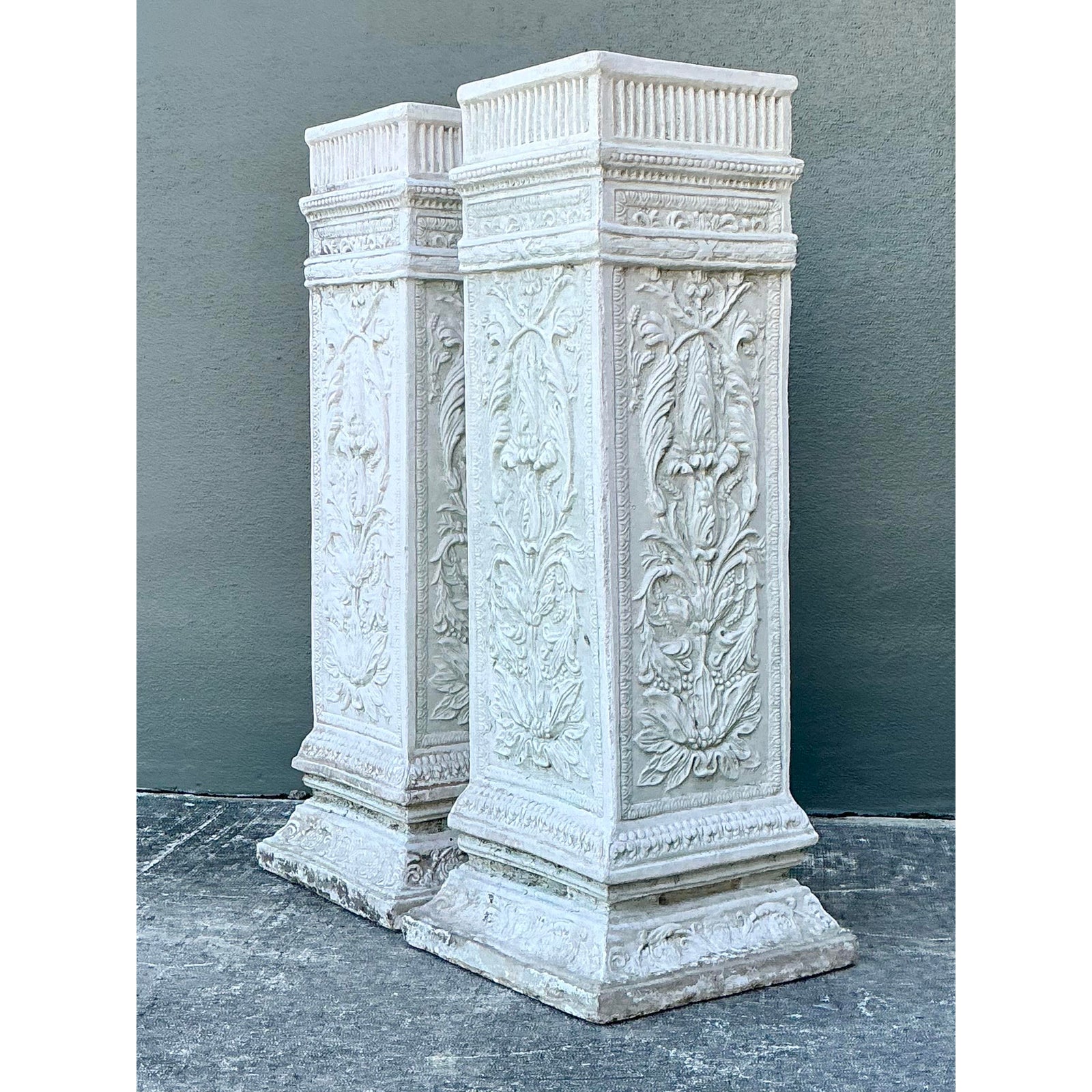 Vintage Cast Concrete Relief Pedestals - A Pair - Top view