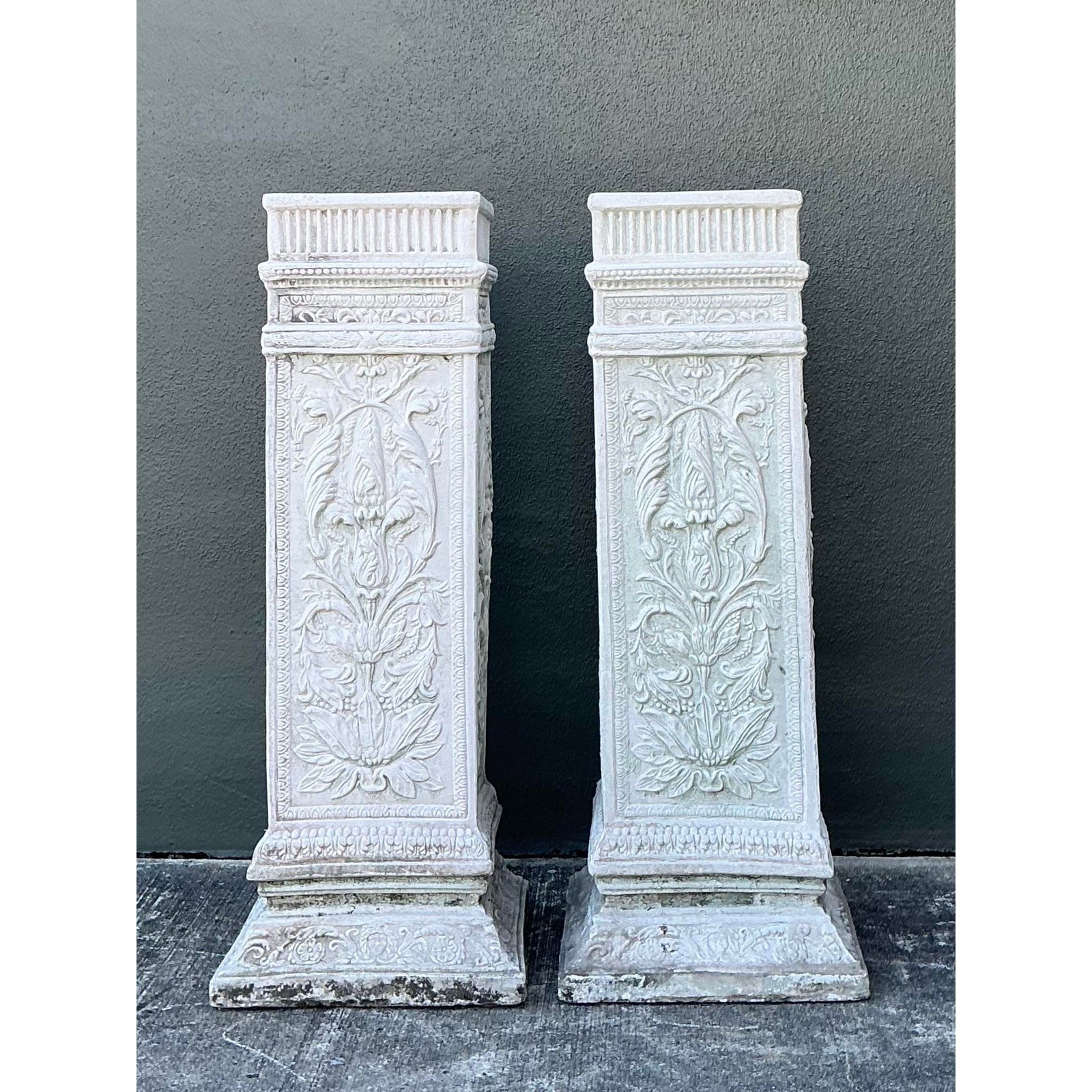 Vintage Cast Concrete Relief Pedestals - A Pair - Back view