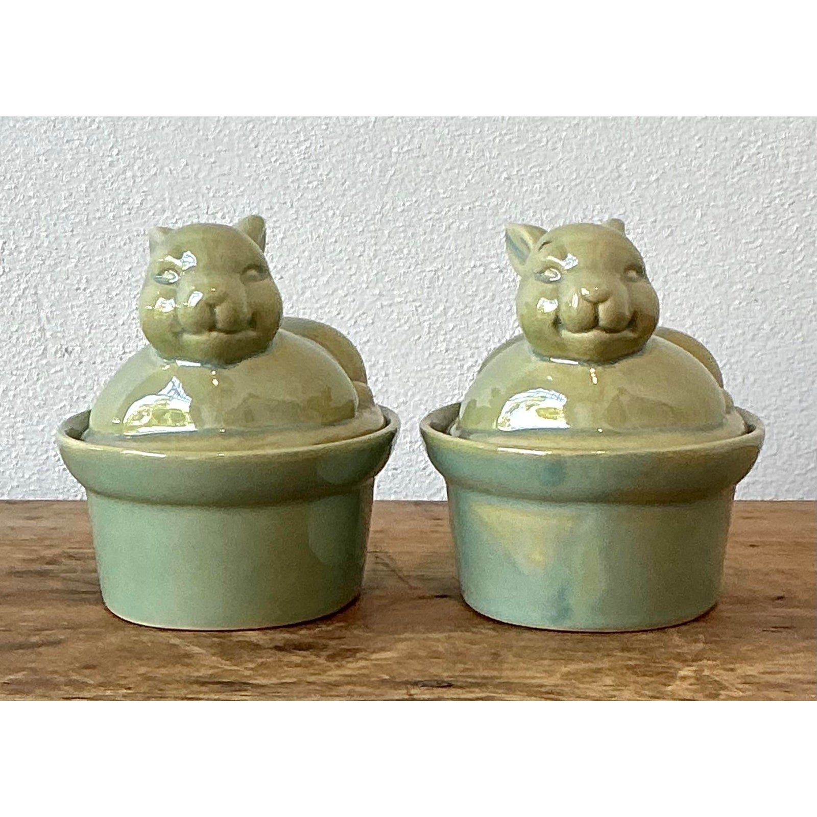 Vintage Boho Petite Bunny Lidded Casserole Dishes - A Pair - Back view