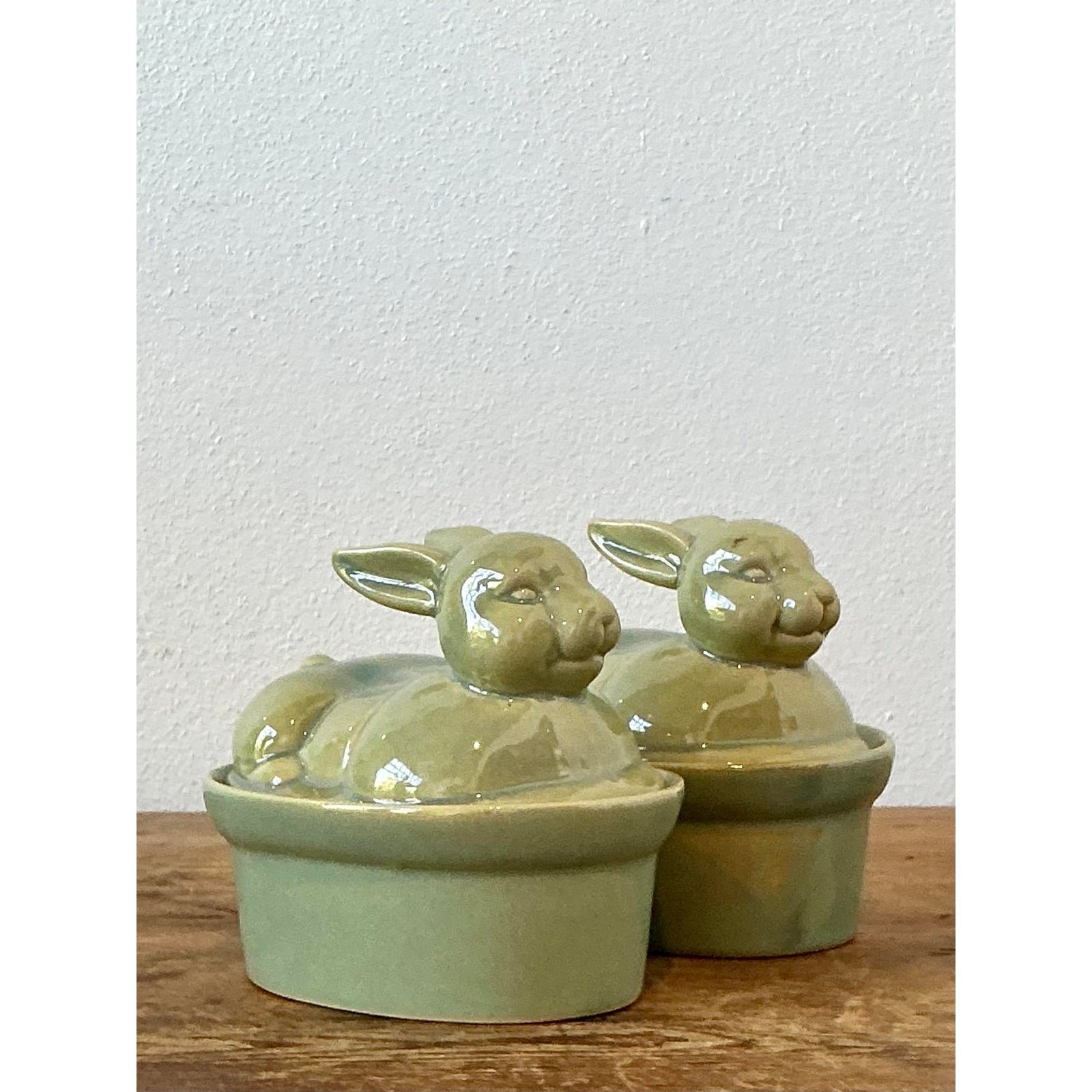 Vintage Boho Petite Bunny Lidded Casserole Dishes - A Pair - Detail view
