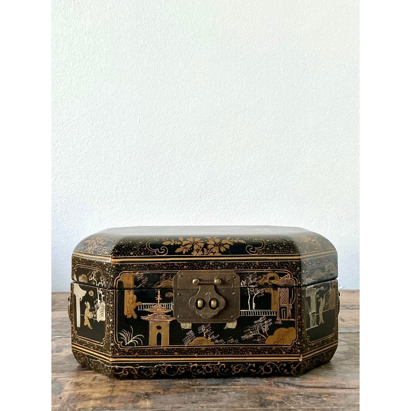 Vintage Asian Lacquered Chinoiserie Sewing Box - Back view