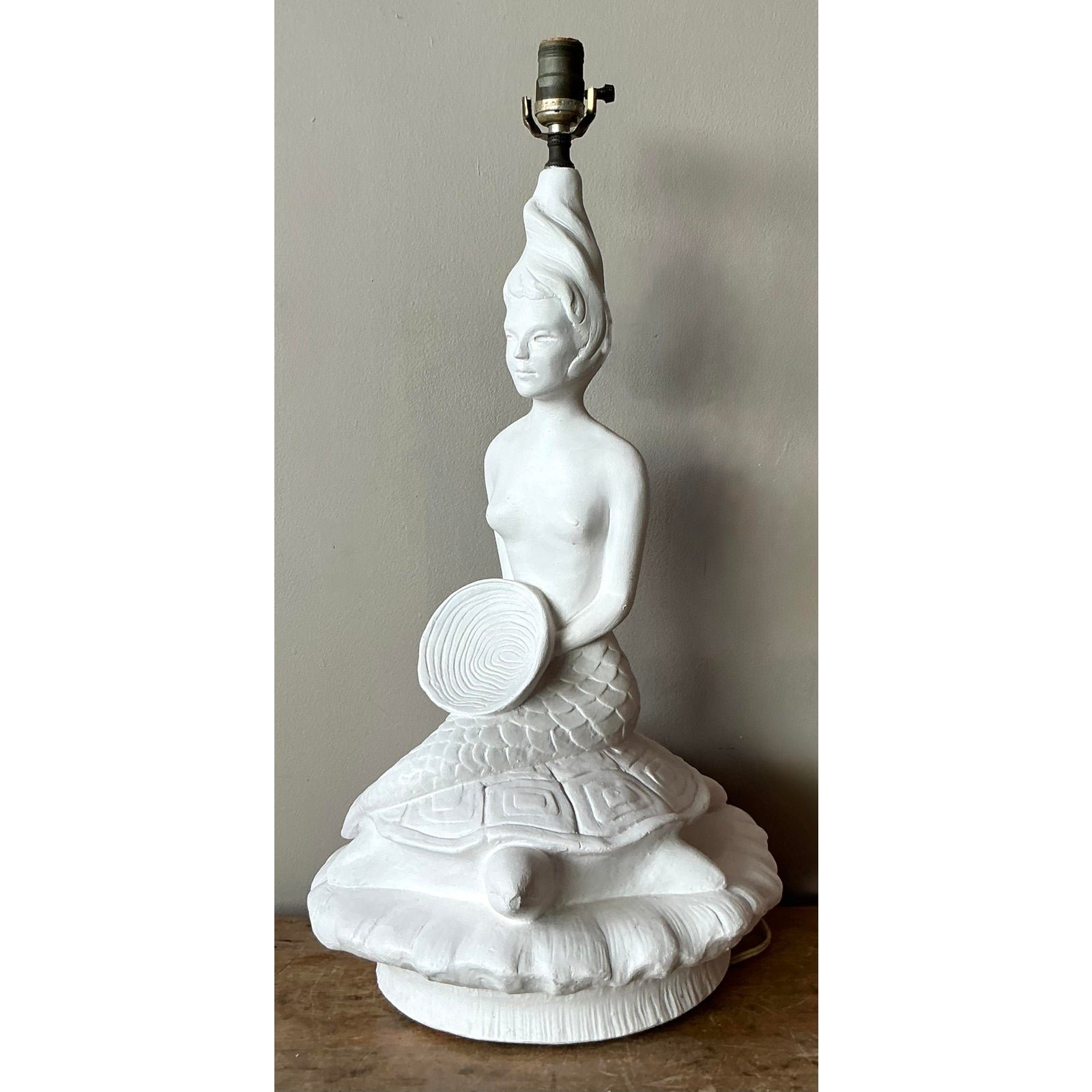 Vintage MCM Plaster Mermaid Lamp - Side view