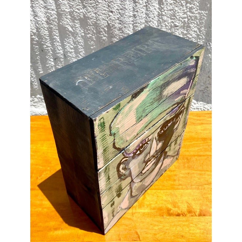 Contemporary Original Abstract Oil Portrait on Crate Signed Roland - Back view