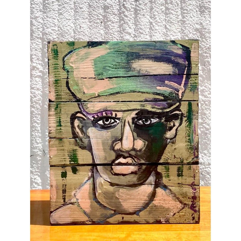 Contemporary Original Abstract Oil Portrait on Crate Signed Roland - Detail view
