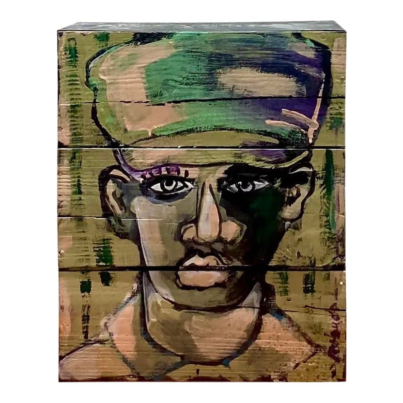 Contemporary Original Abstract Oil Portrait on Crate Signed Roland
