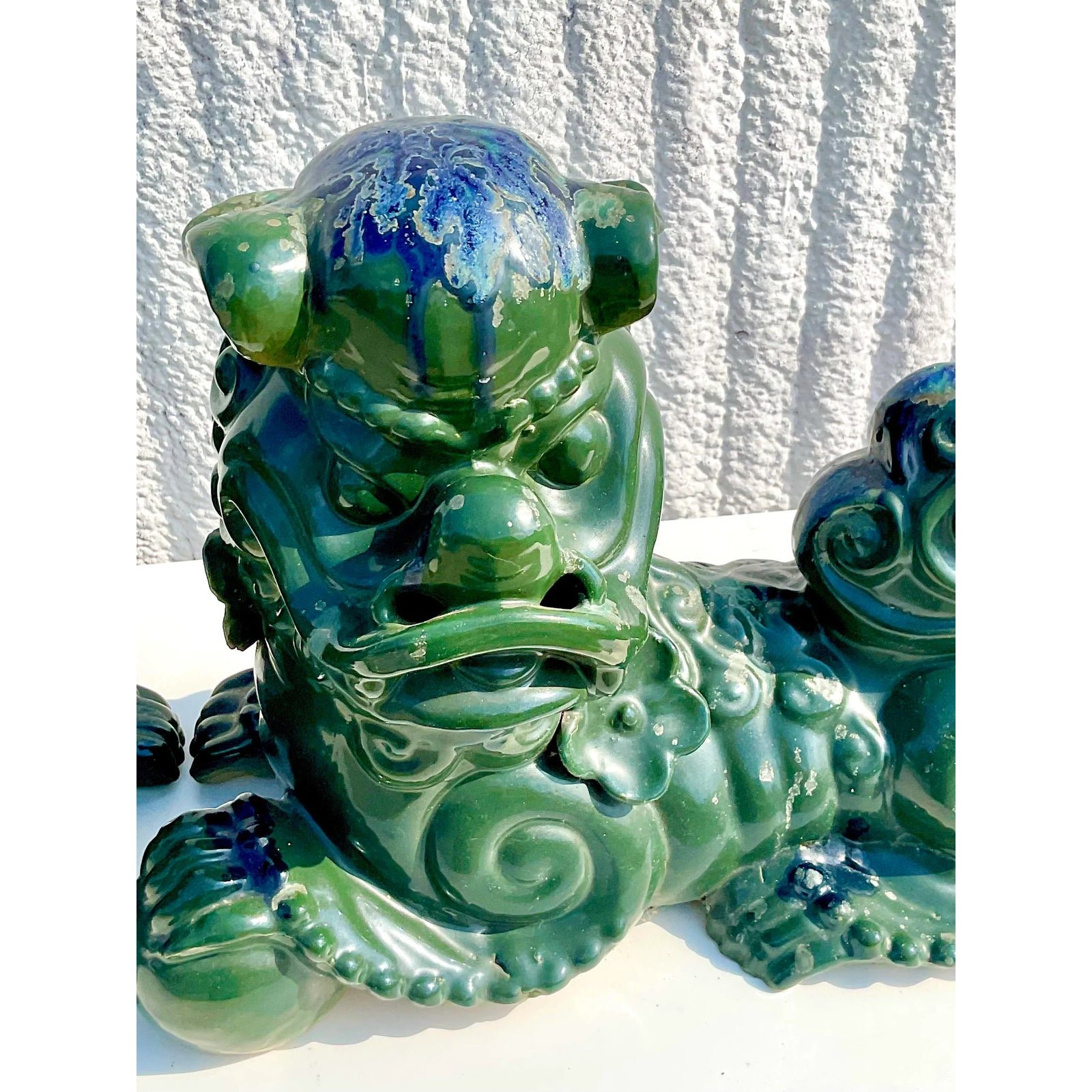 Vintage Asian Glazed Ceramic Foo Dogs - a Pair - Top view