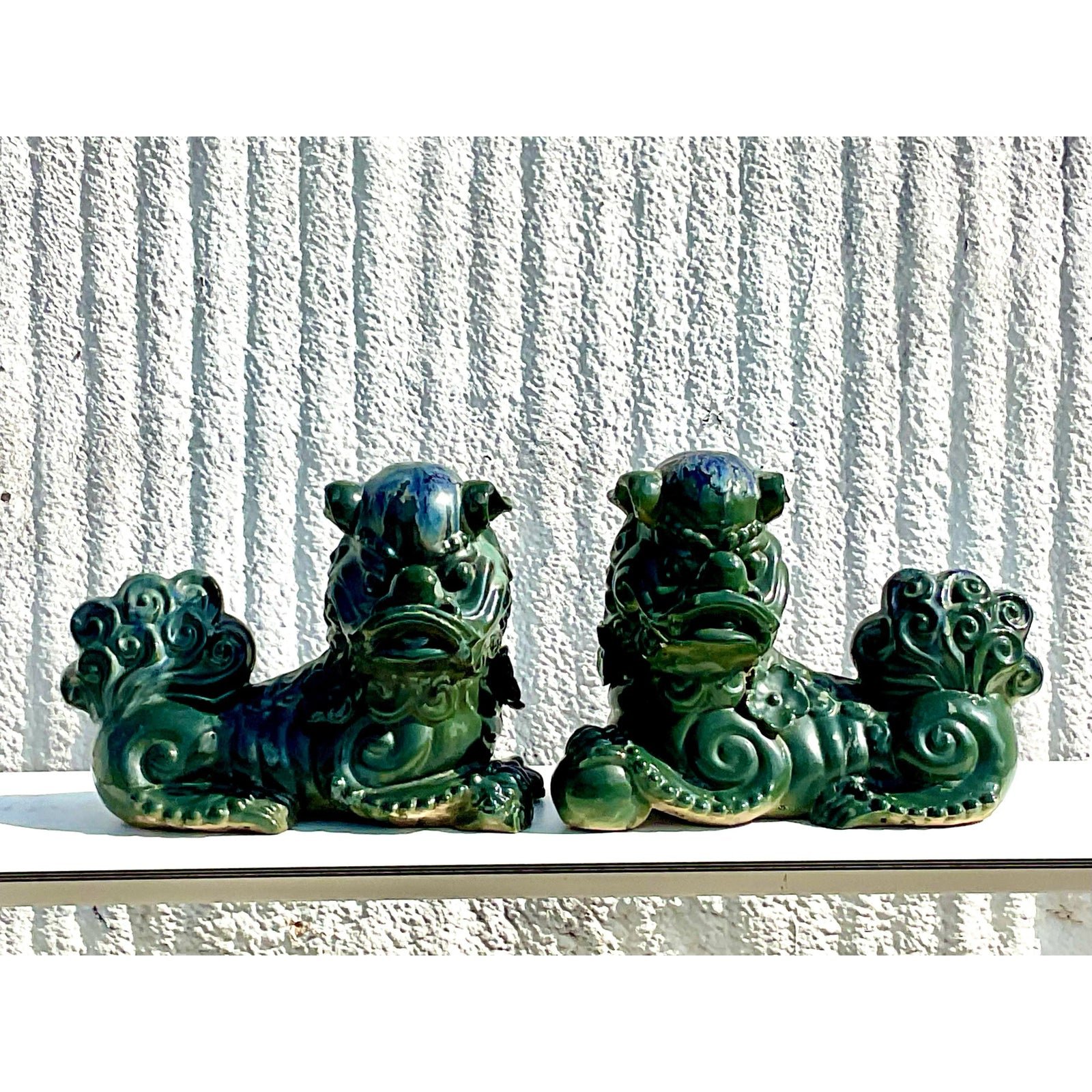 Vintage Asian Glazed Ceramic Foo Dogs - a Pair - Detail view