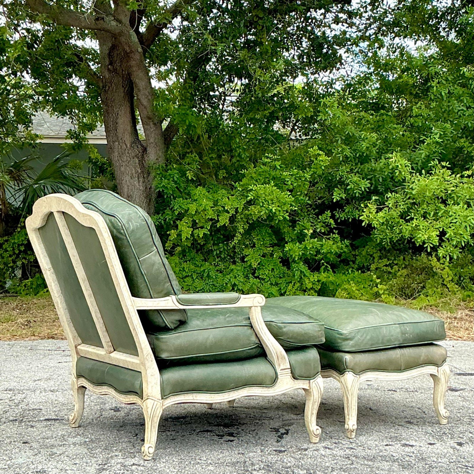Vintage Regency Provincial Green Leather Lounge Chair and Ottoman - Top view