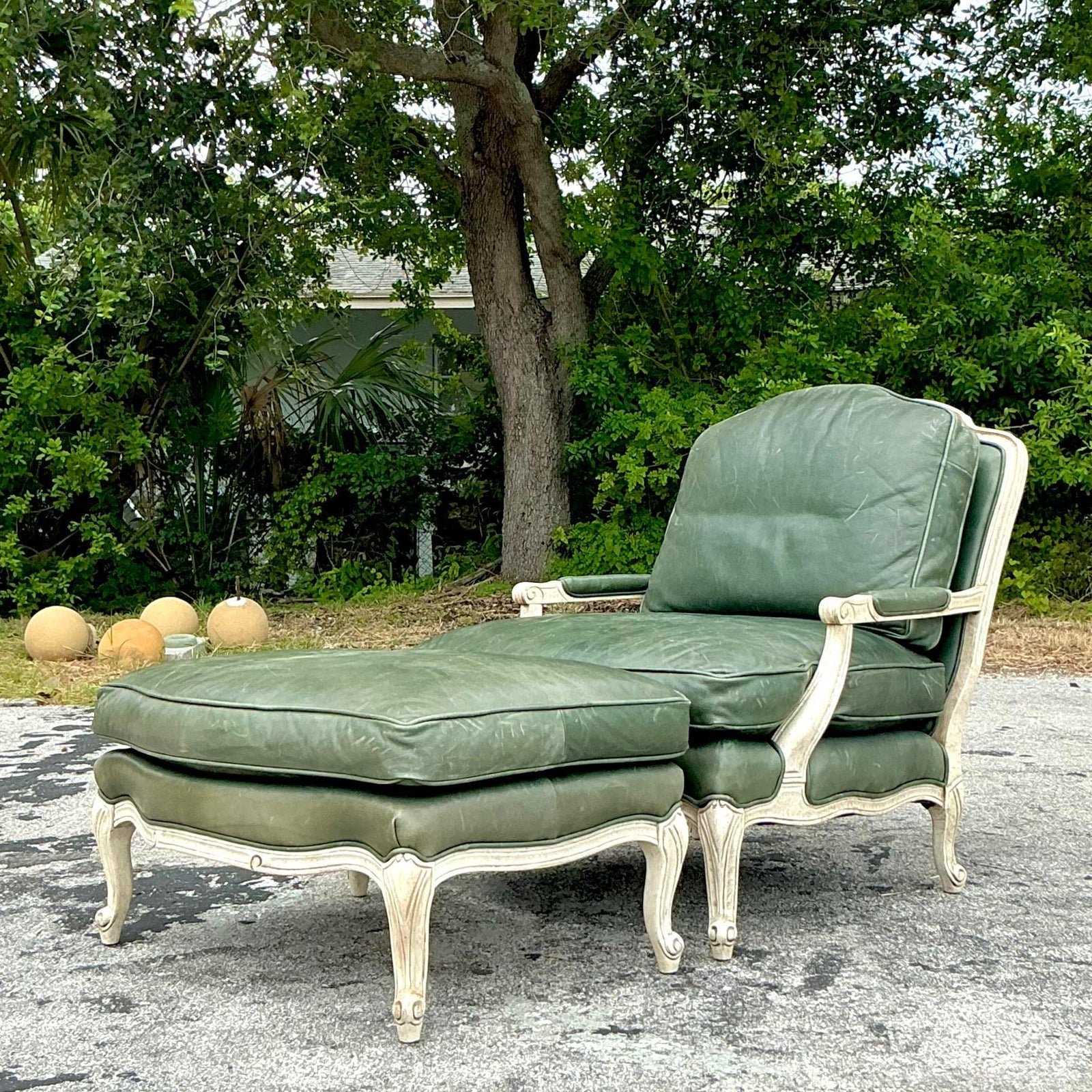 Vintage Regency Provincial Green Leather Lounge Chair and Ottoman - Detail view