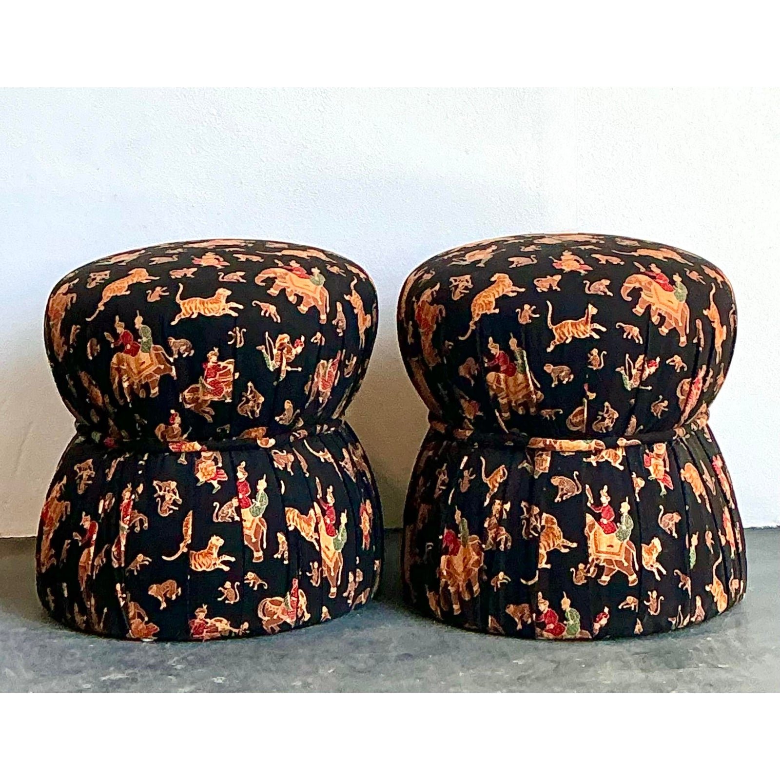 Vintage Upholstered Elephant Low Stools - A Pair - Top view