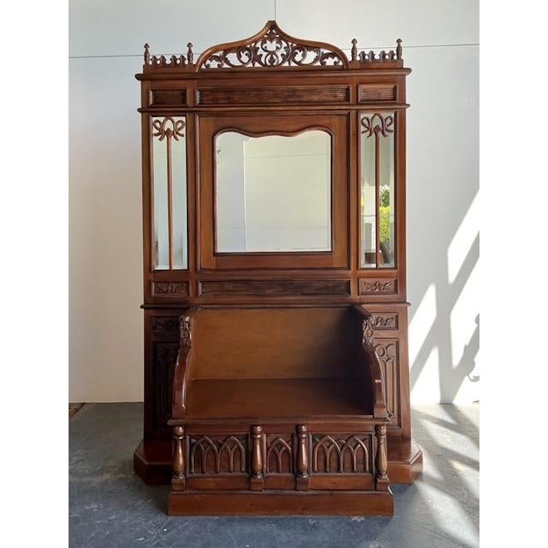 Vintage Gothic Revival Hall Bench - Back view