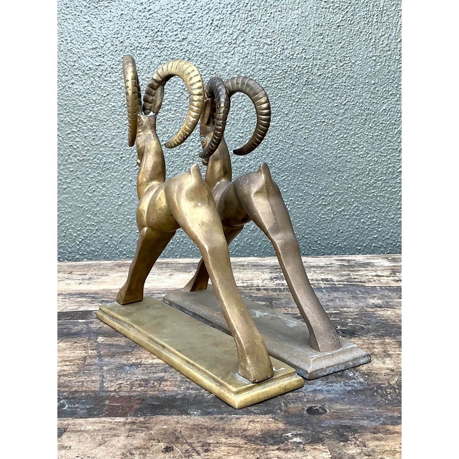 Vintage Brass Ram Bookends - Set of 2 - Top view