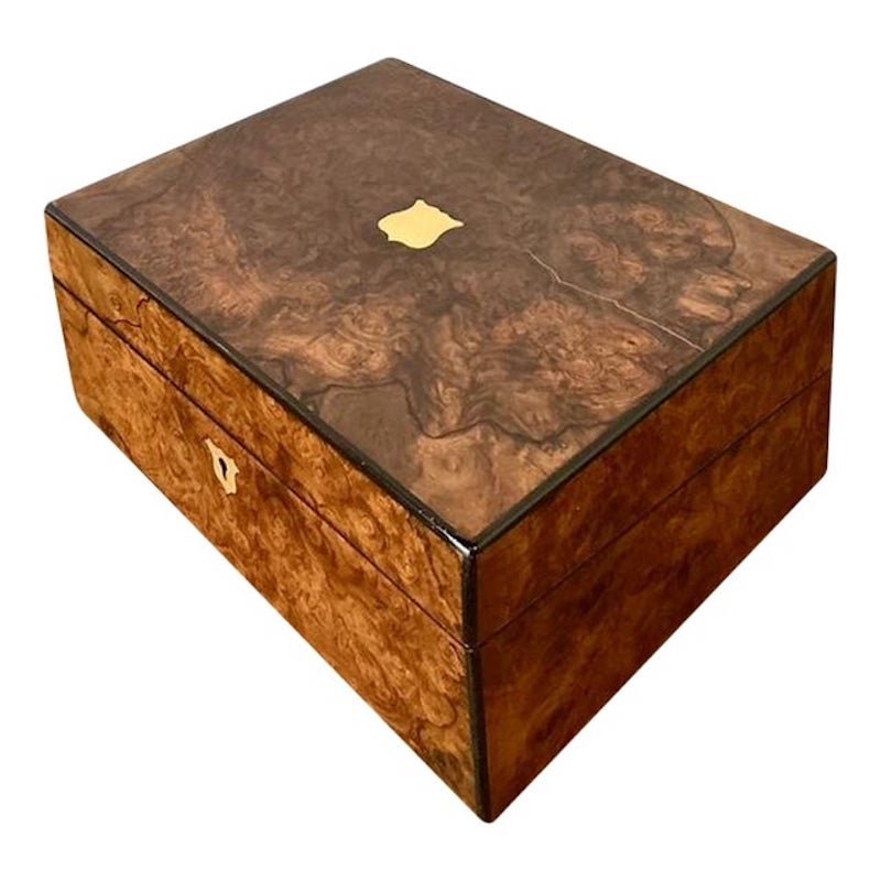 Vintage Brass Inlay Burl Wood Traveling Writing Desk Box